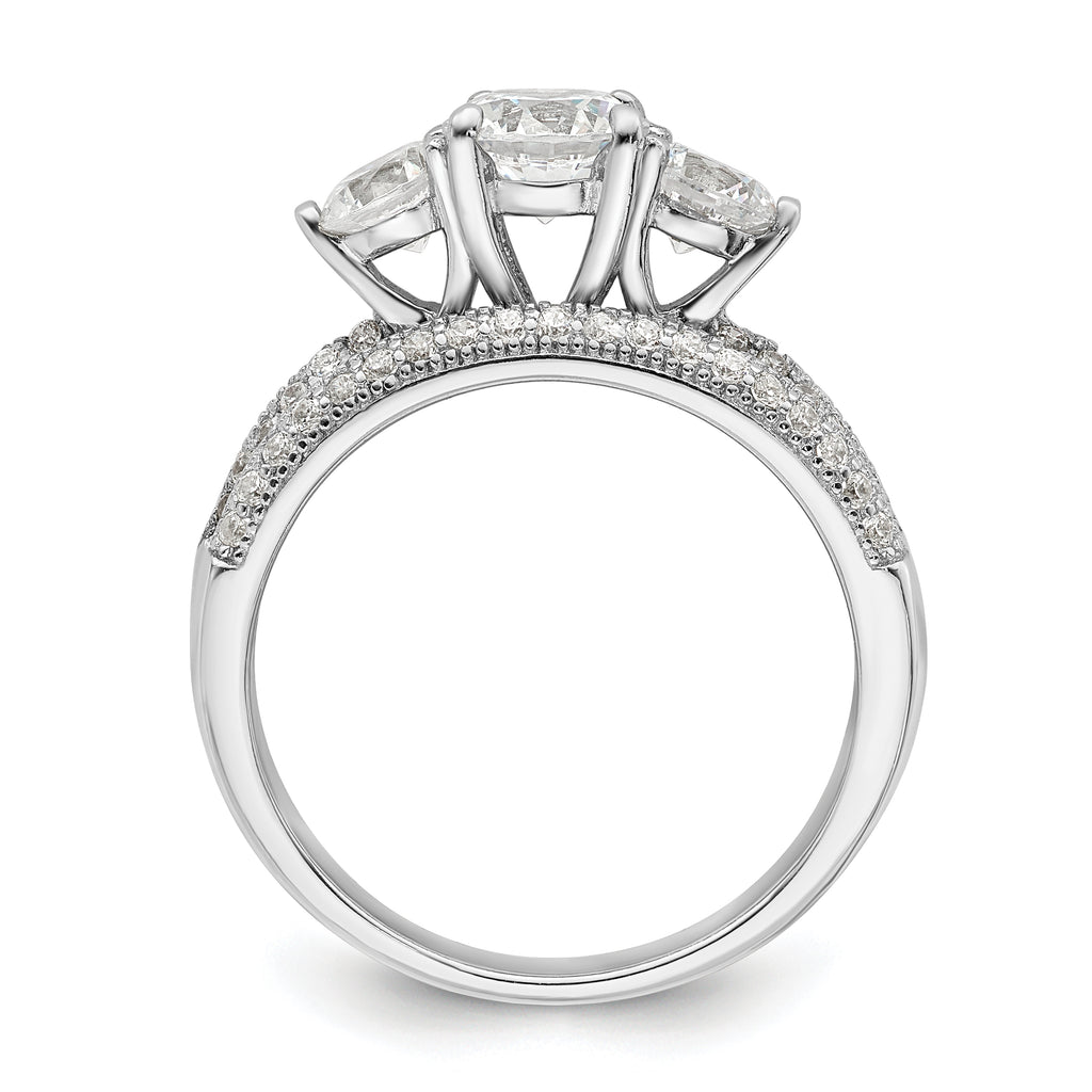 Sterling Silver Rhodium-plated CZ 3 Stone Pave Band Engagement Ring Set