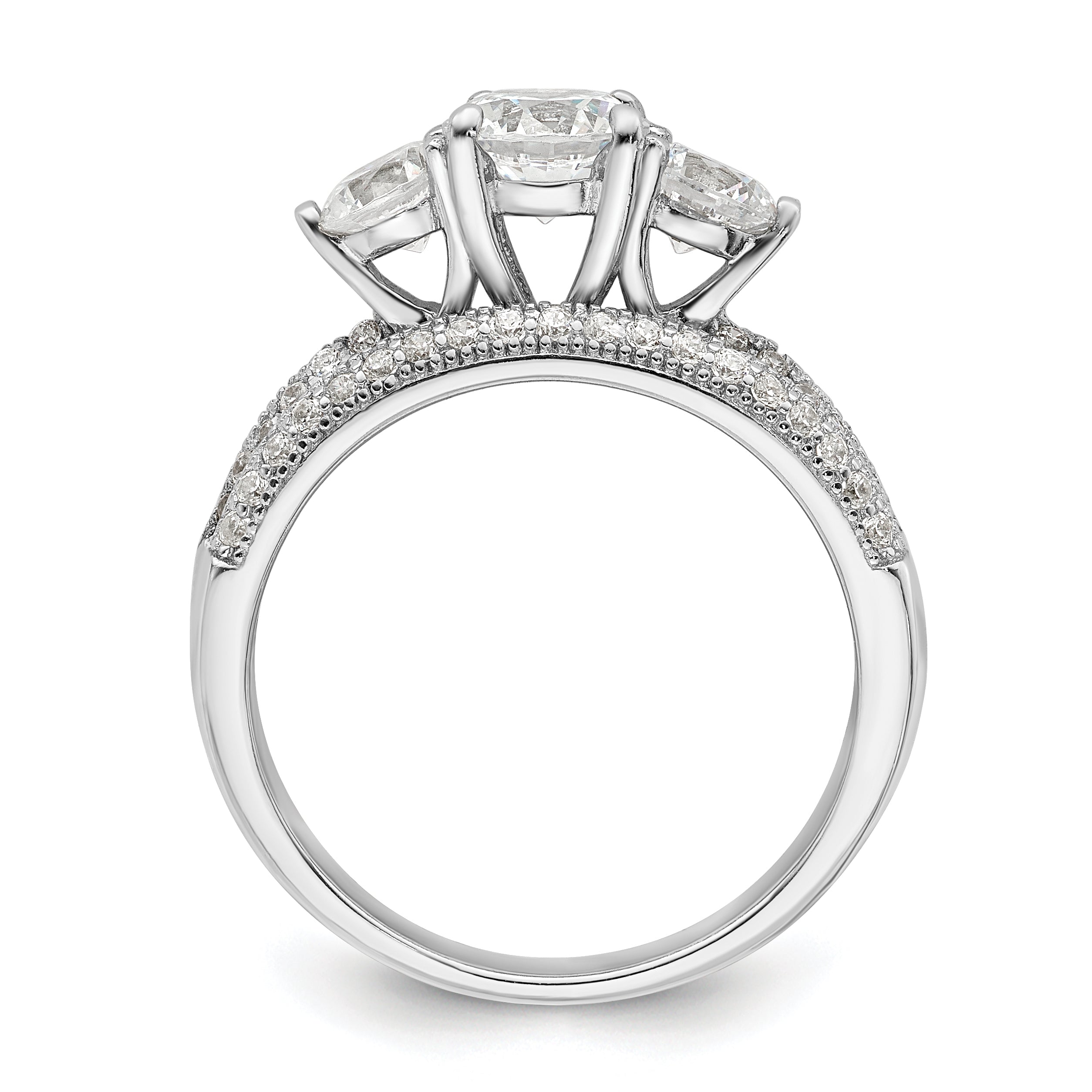 Sterling Silver Rhodium-plated CZ 3 Stone Pave Band Engagement Ring Set