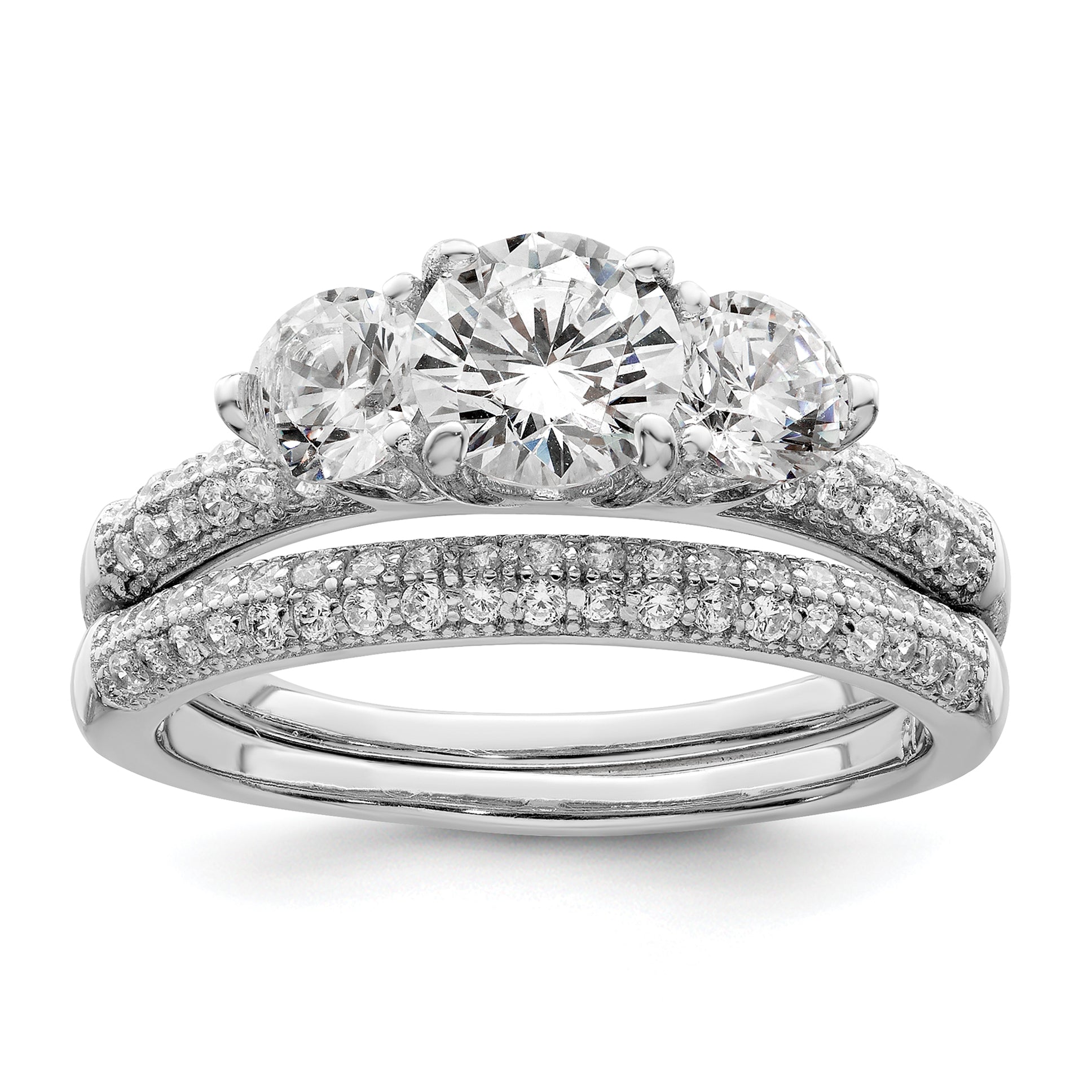 Sterling Silver Rhodium-plated CZ 3 Stone Pave Band Engagement Ring Set Main image