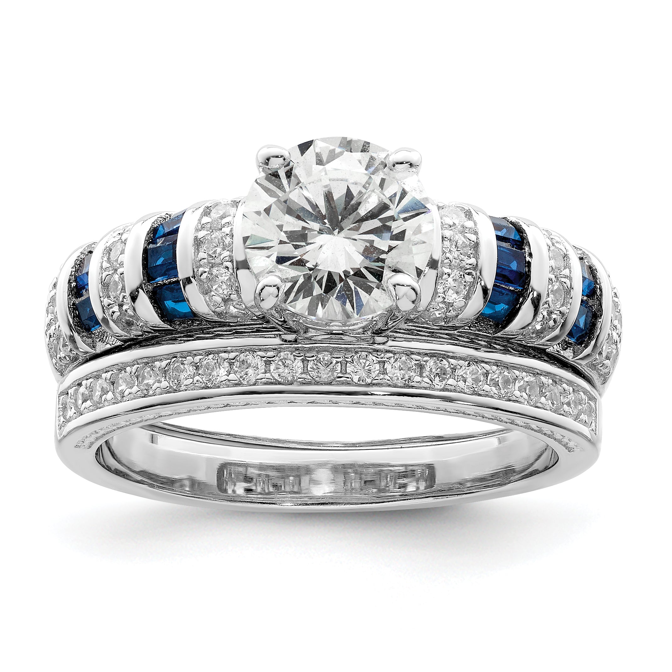 Sterling Silver Rhodium-plated Polished Blue & White CZ Engagement & Band R Main image