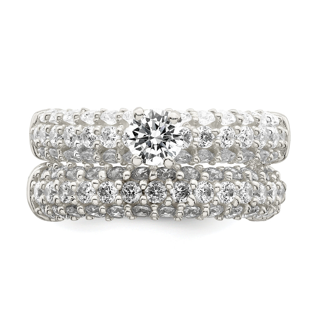 Sterling Silver Polished Pave CZ Wedding Ring Set