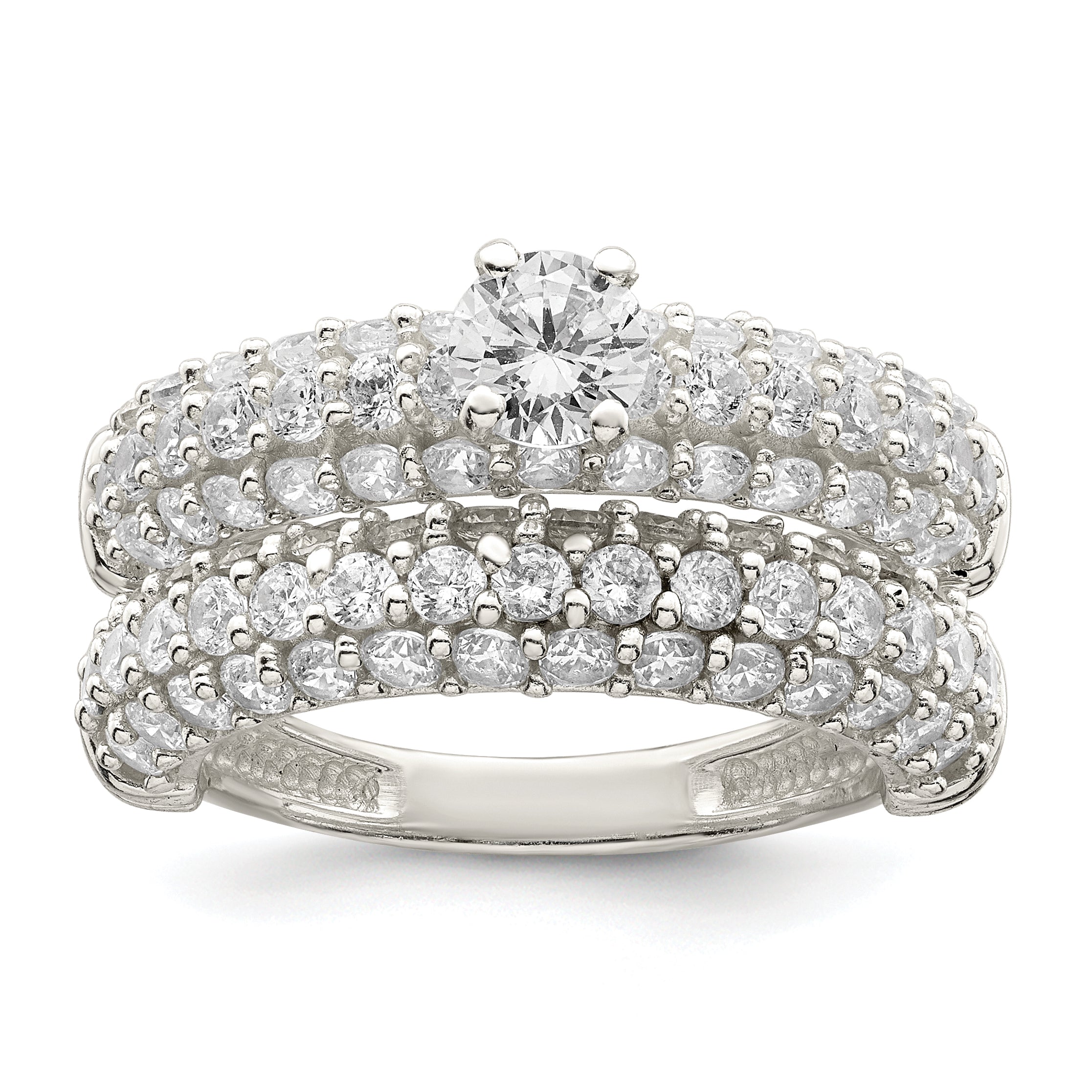 Sterling Silver Polished Pave CZ Wedding Ring Set Main image