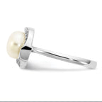 Sterling Silver Rhodium-plated 7-8mm Button White Freshwater Cultured Pearl and CZ Ring