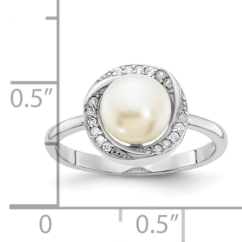 Sterling Silver Rhodium-plated 7-8mm Button White Freshwater Cultured Pearl and CZ Ring Secondary image