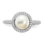 Sterling Silver Rhodium-plated 7-8mm Button White Freshwater Cultured Pearl and CZ Ring