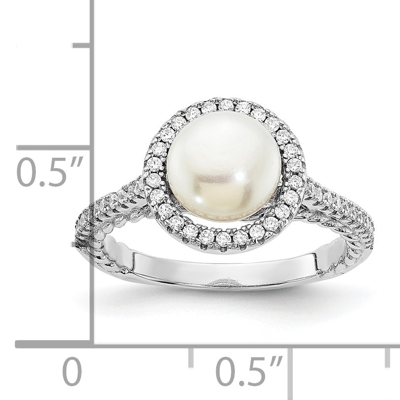 Sterling Silver Rhodium-plated 7-8mm Button White Freshwater Cultured Pearl and CZ Ring Secondary image
