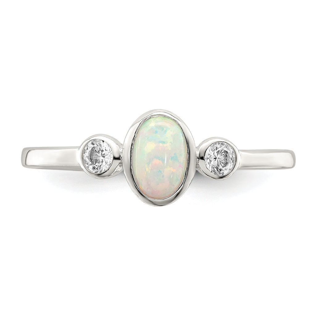 Sterling Silver Polished Cubic Zirconi and White Created Opal Ring