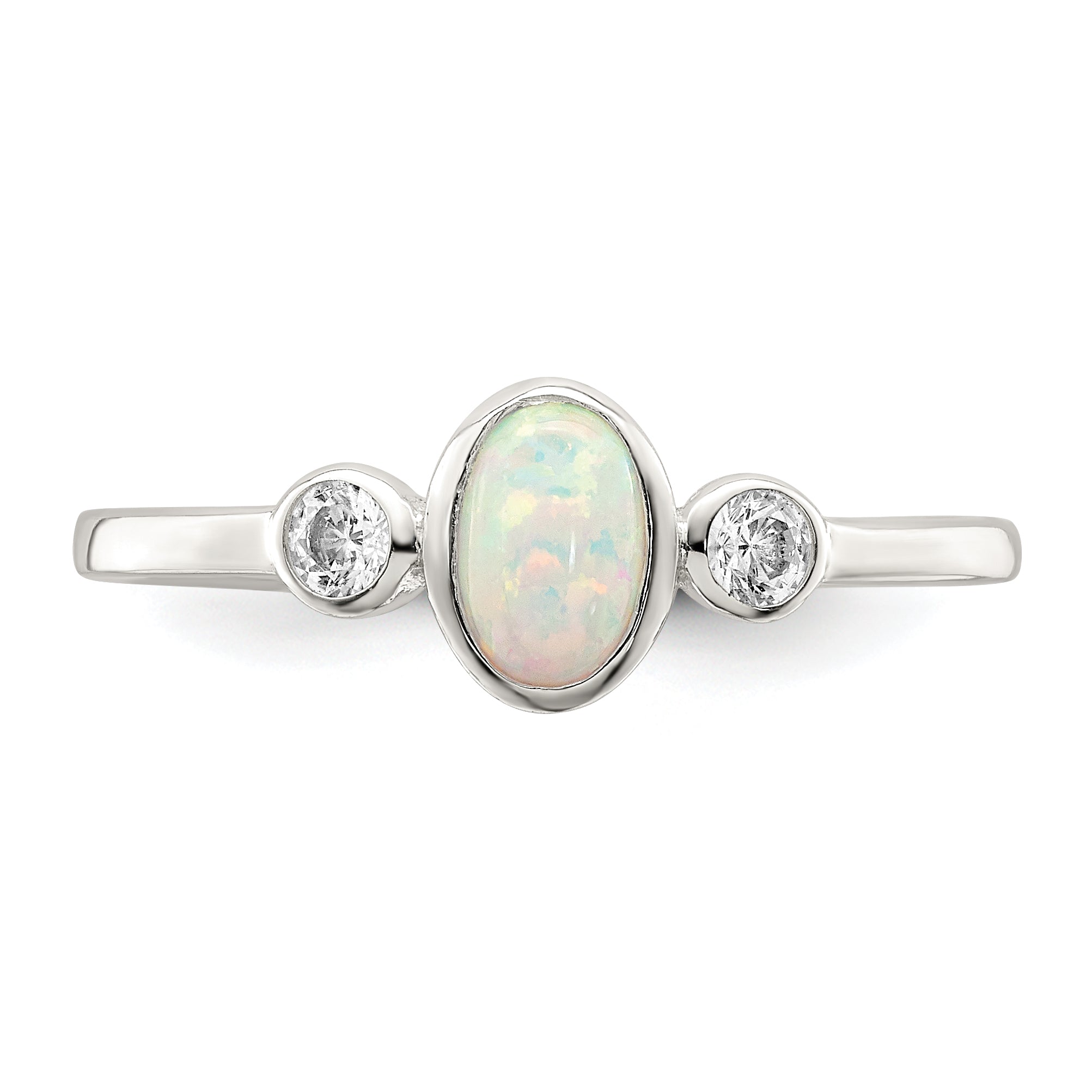Sterling Silver Polished Cubic Zirconi and White Created Opal Ring