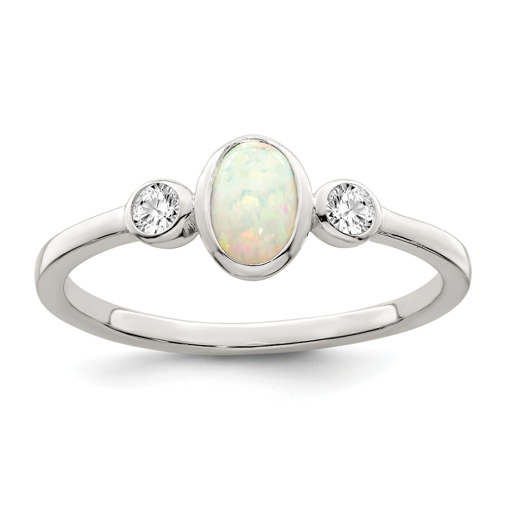Sterling Silver Polished Cubic Zirconi and White Created Opal Ring