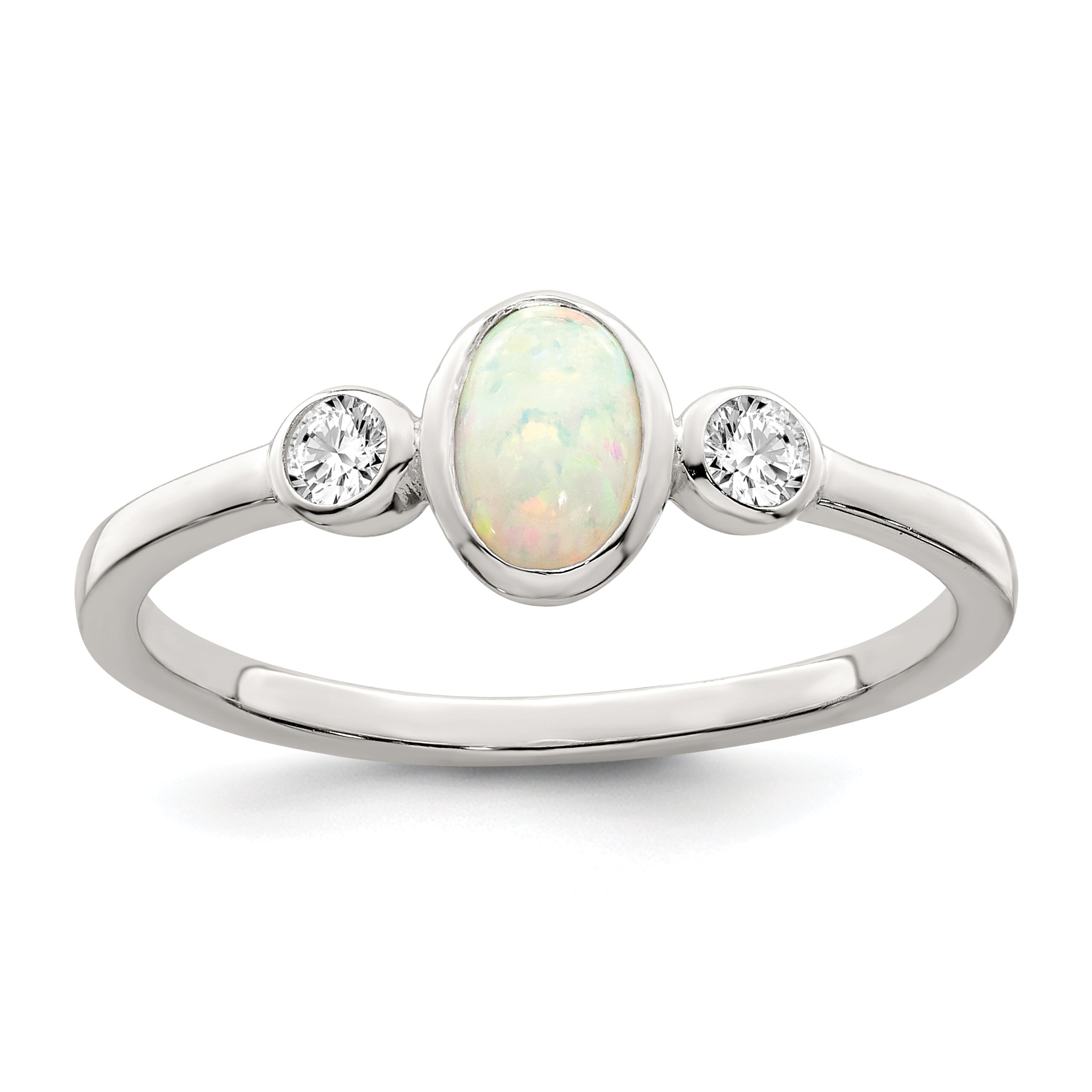 Sterling Silver Polished Cubic Zirconi and White Created Opal Ring