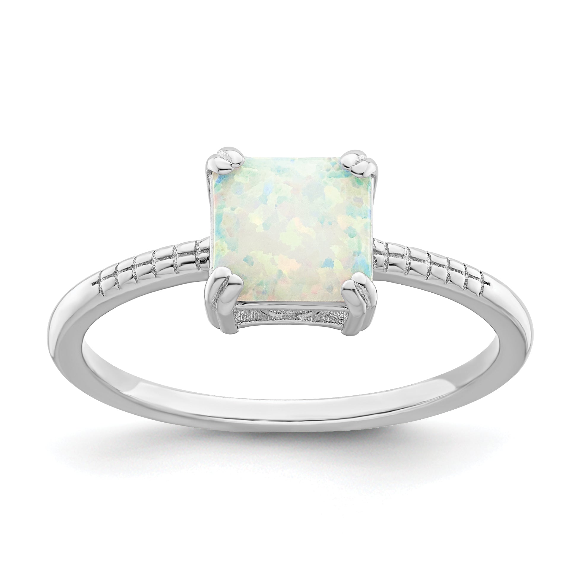 Sterling Silver Rhodium-plated Polished Square White Created Opal Ring Main image