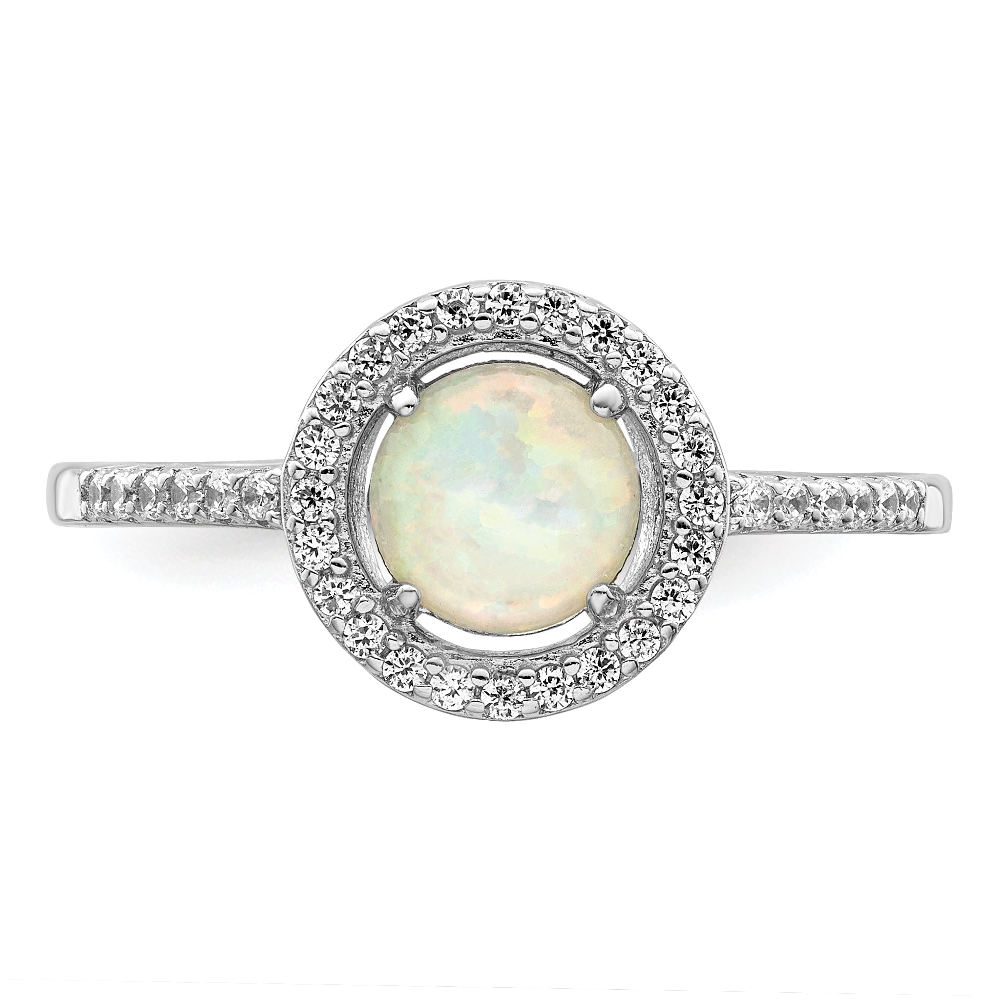 Sterling Silver Rhodium-plated Polished White Created Opal CZ Halo Ring