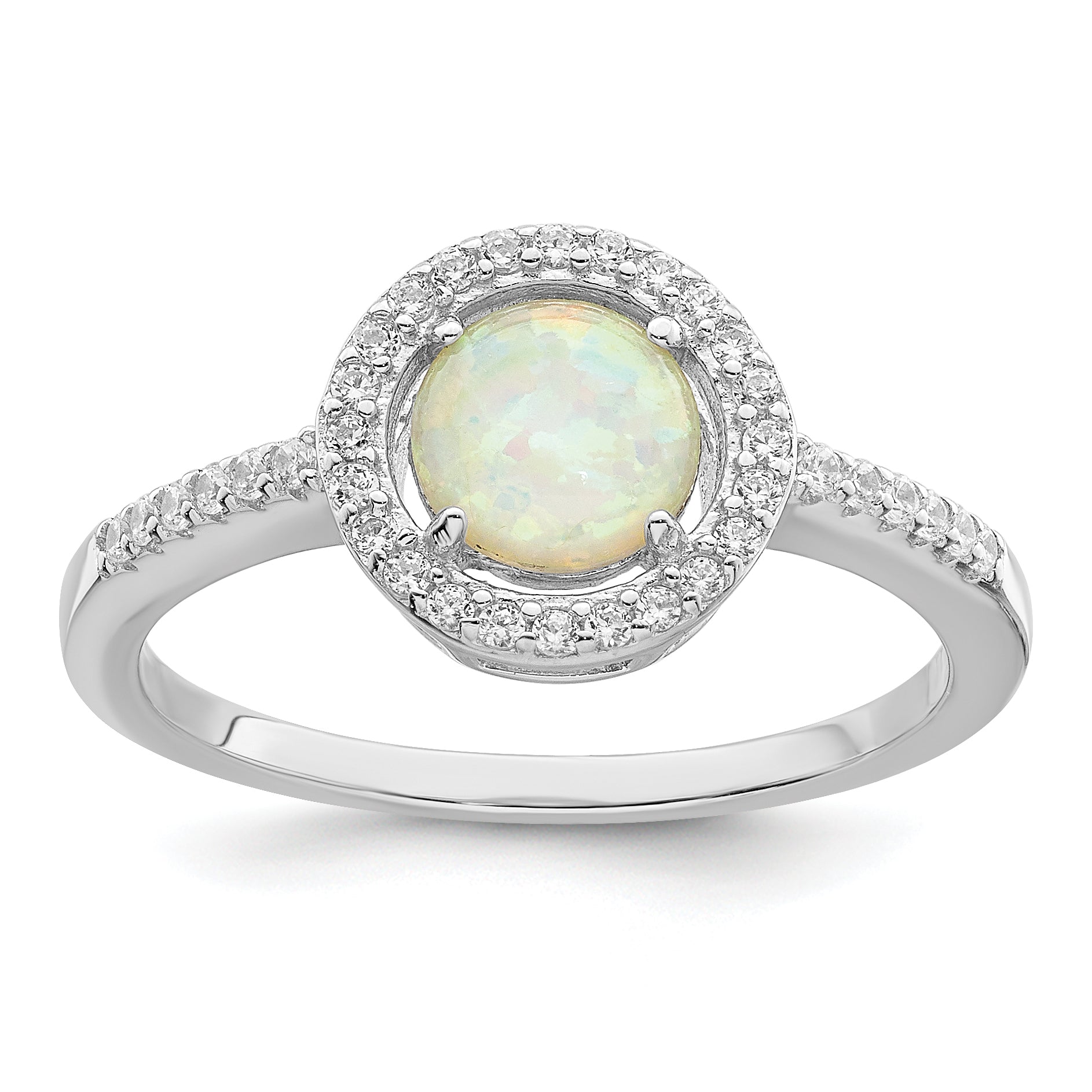 Sterling Silver Rhodium-plated Polished White Created Opal CZ Halo Ring Main image