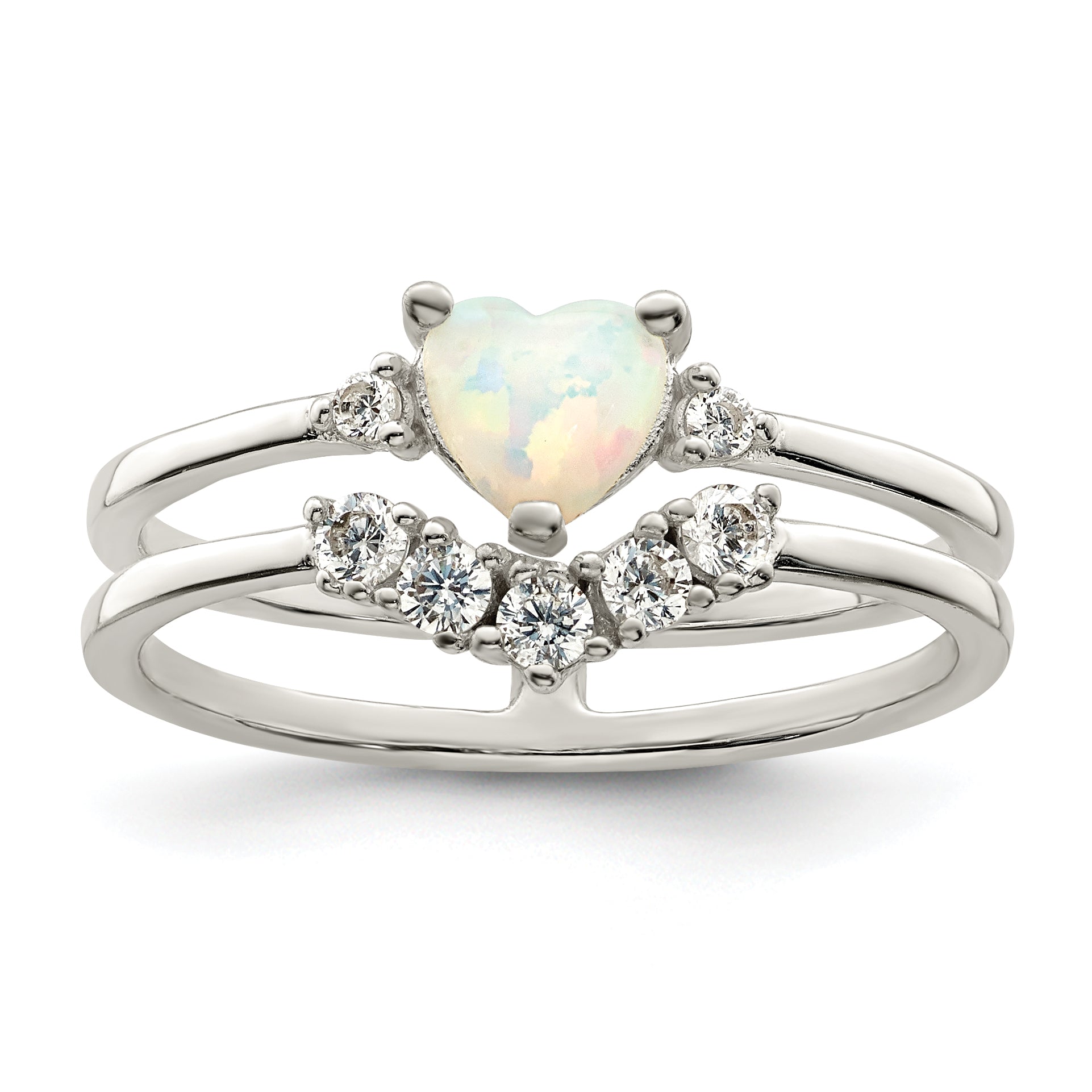 Sterling Silver CZ & Heart Created White Opal Double Band Ring Main image
