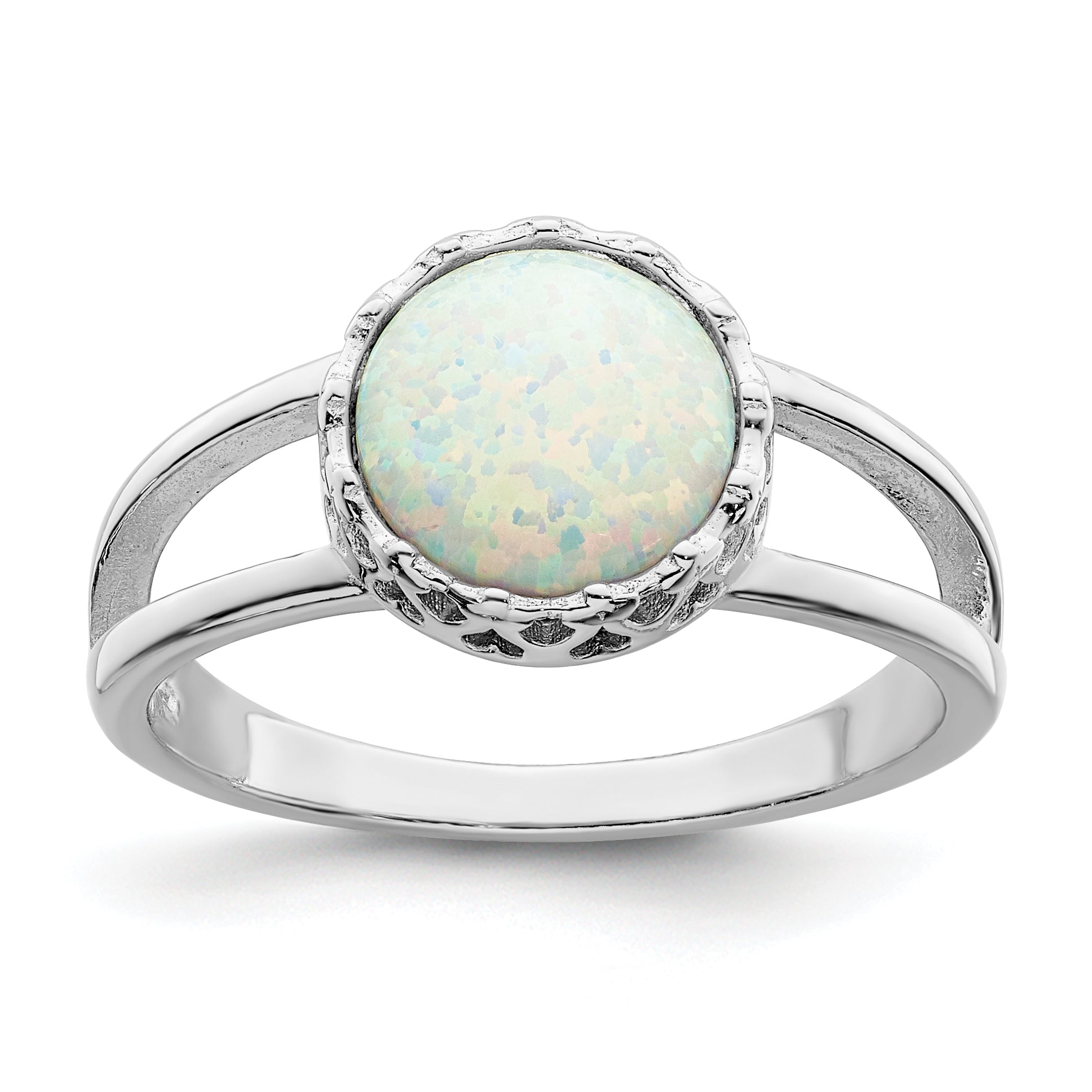 Sterling Silver Rhodium-plated Round White Created Opal Inlay Ring Main image