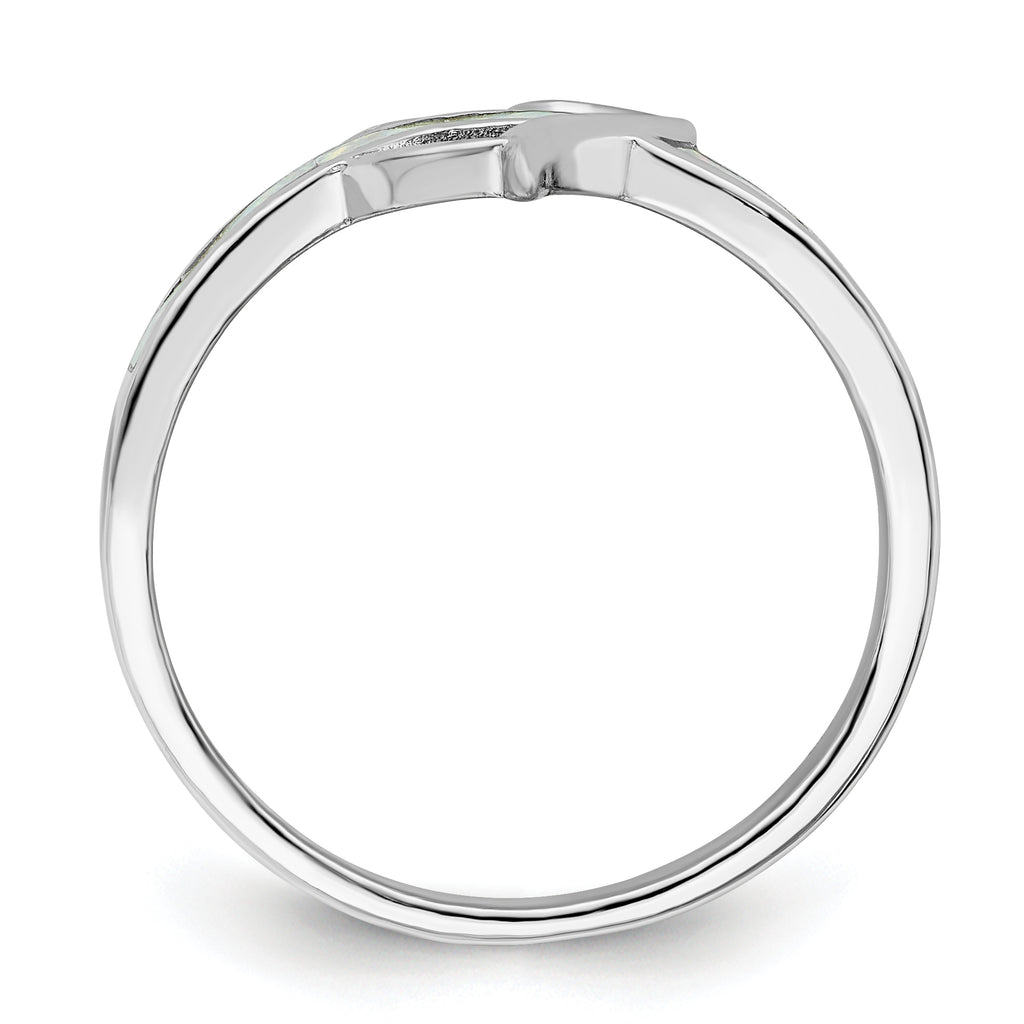Sterling Silver Rhodium-Plated White Created Opal Inlay Heart Ring