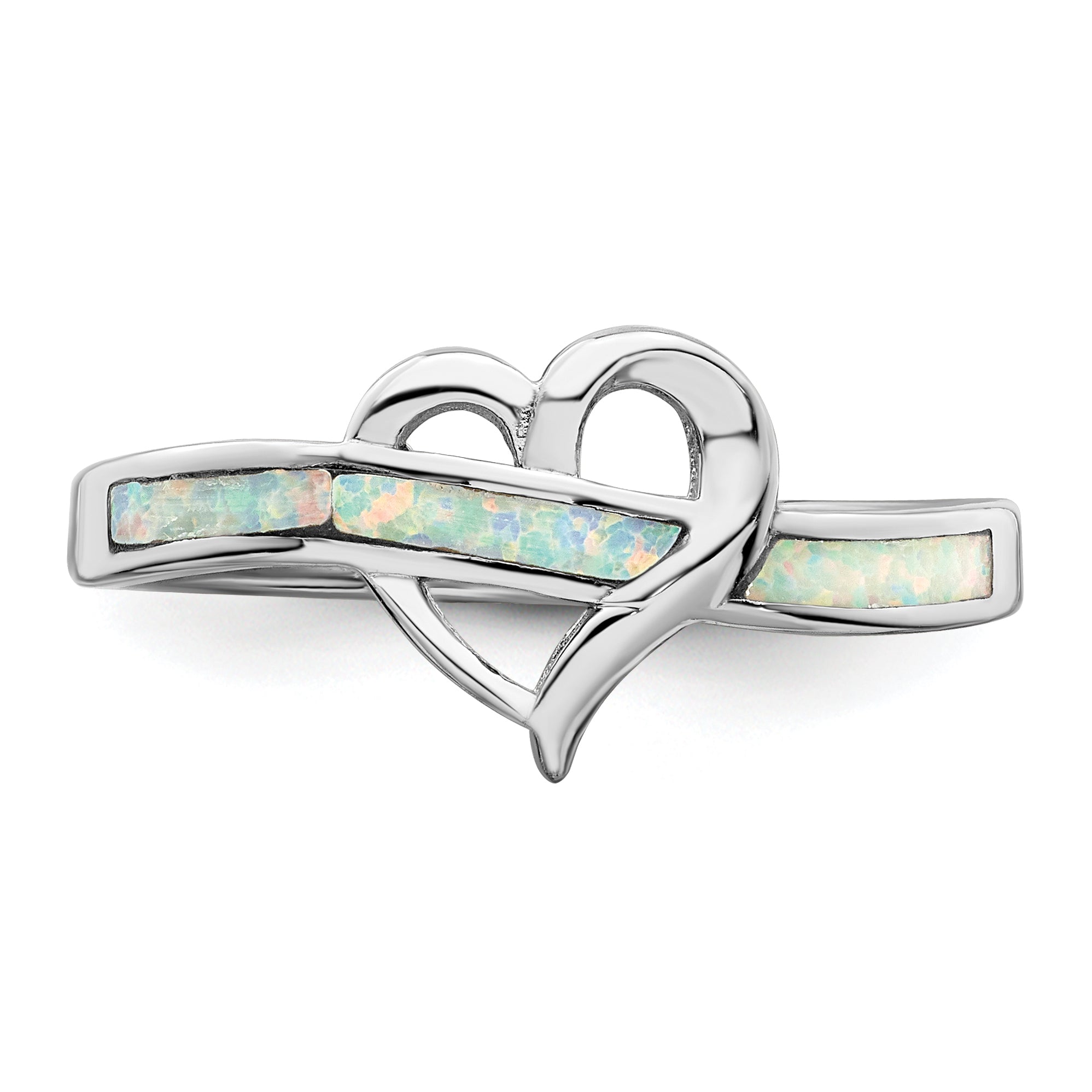Sterling Silver Rhodium-Plated White Created Opal Inlay Heart Ring
