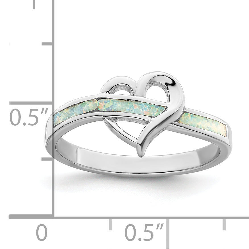 Sterling Silver Rhodium-Plated White Created Opal Inlay Heart Ring