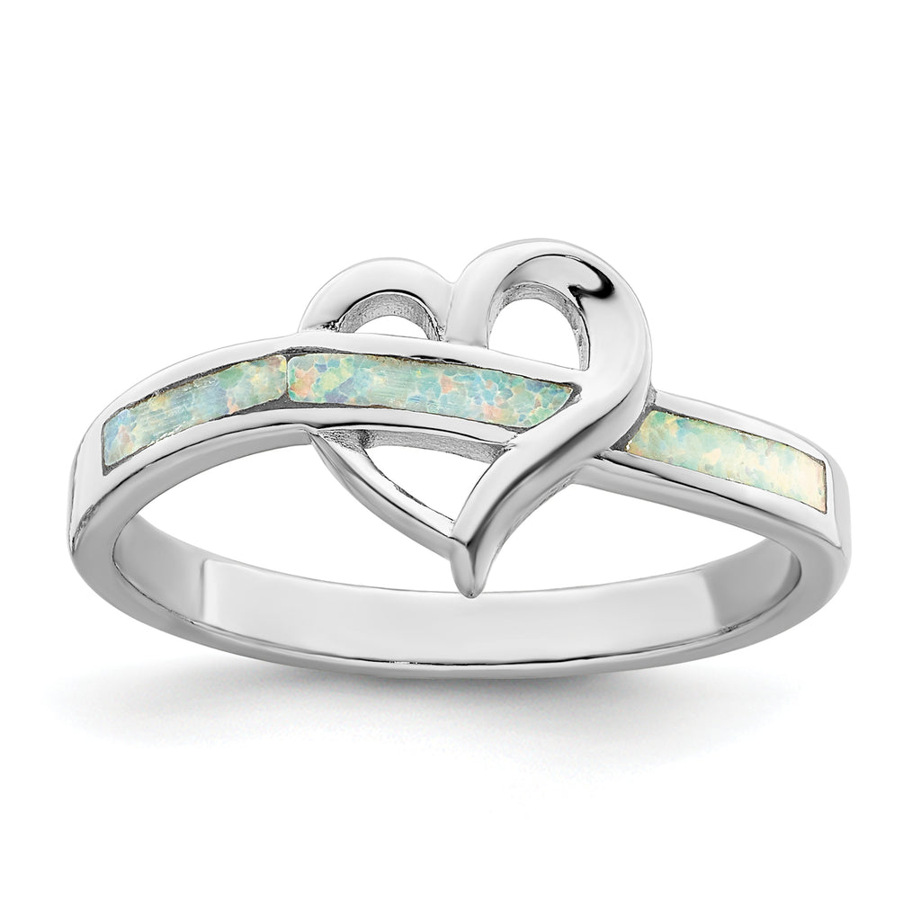 Sterling Silver Rhodium-Plated White Created Opal Inlay Heart Ring