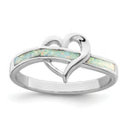 Sterling Silver Rhodium-Plated White Created Opal Inlay Heart Ring