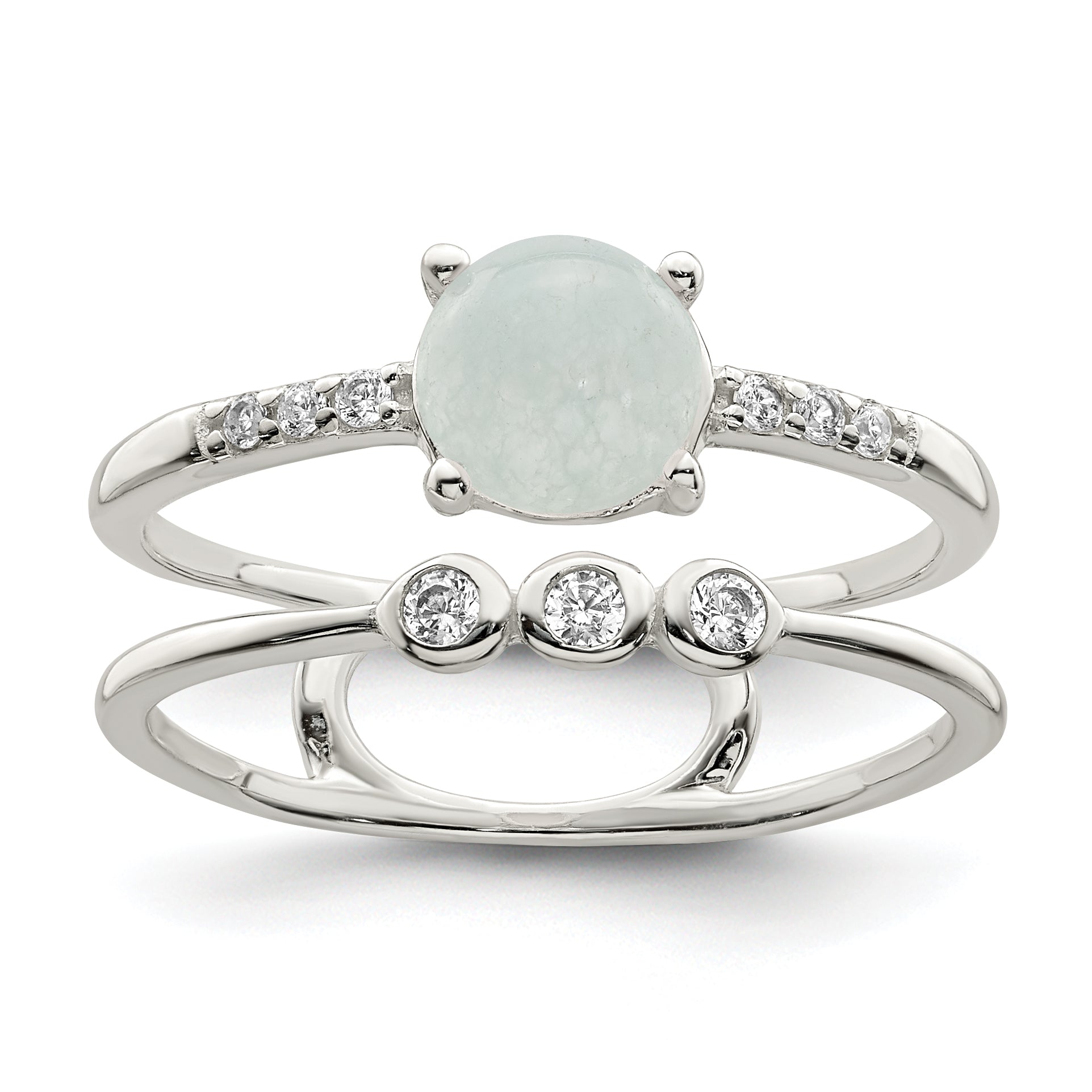 Sterling Silver Polished CZ and Light Blue Quartzite Double Ring Main image