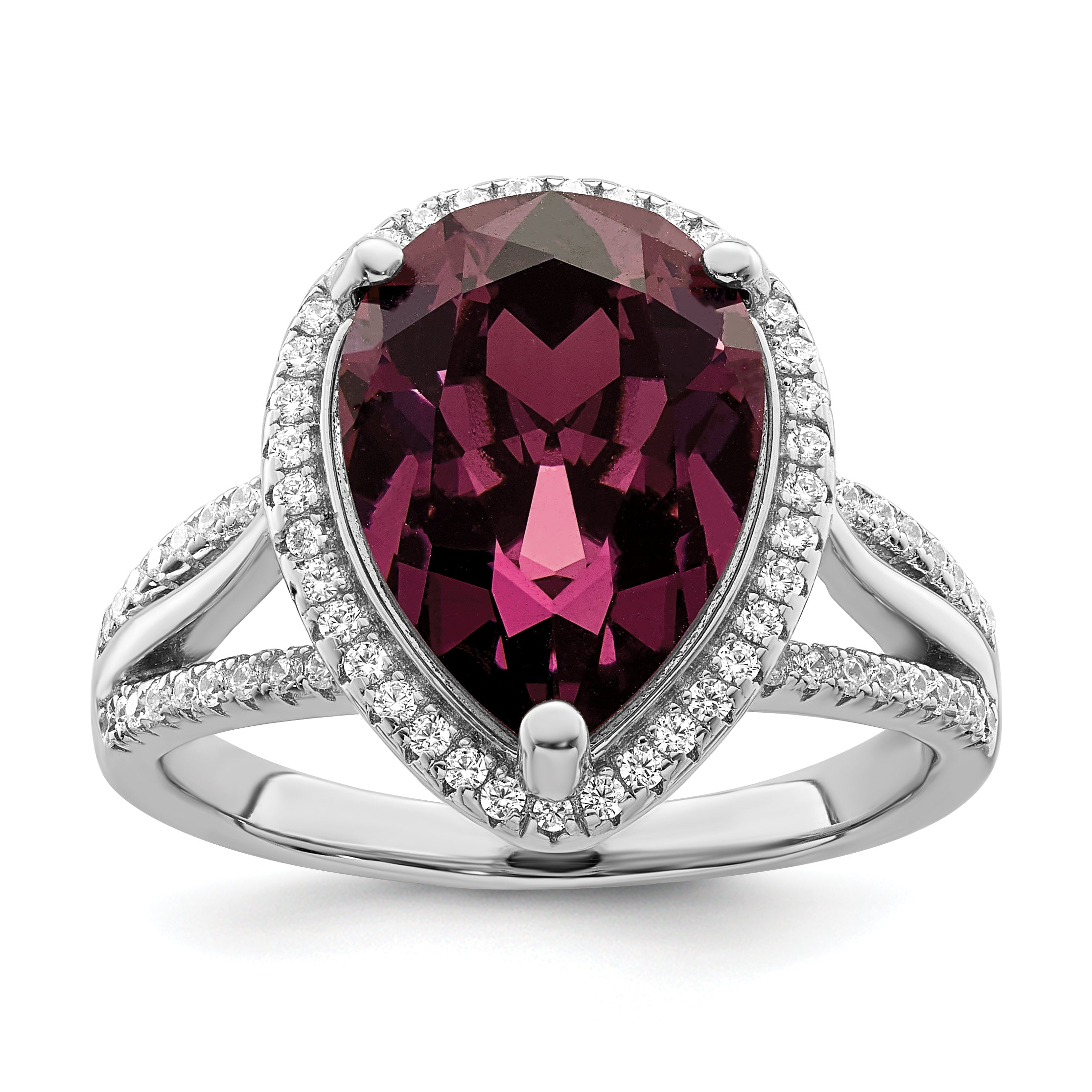 Sterling Silver Rhodium-plated CZ & Dk Purple Crystal Ring Main image