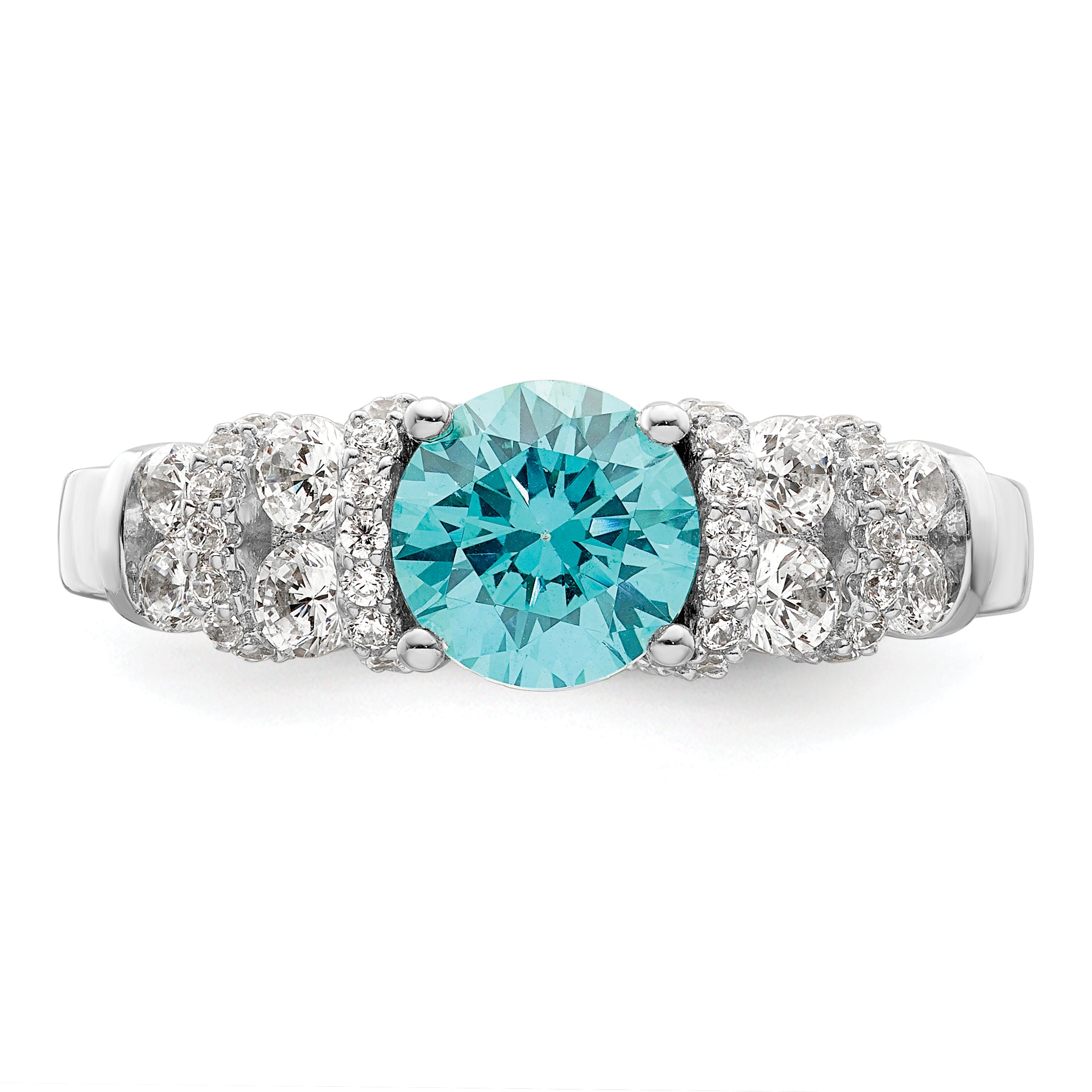 Sterling Silver Rhodium plated Blue Crystal & CZ Ring