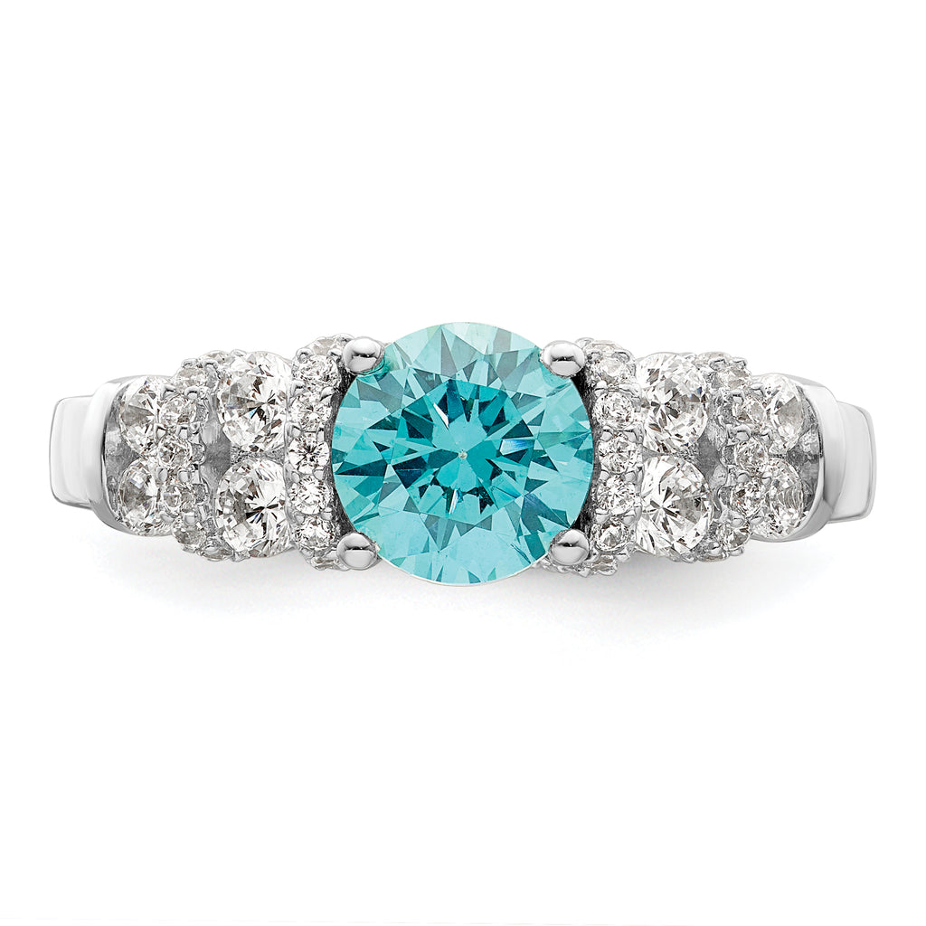 Sterling Silver Rhodium plated Blue Crystal & CZ Ring