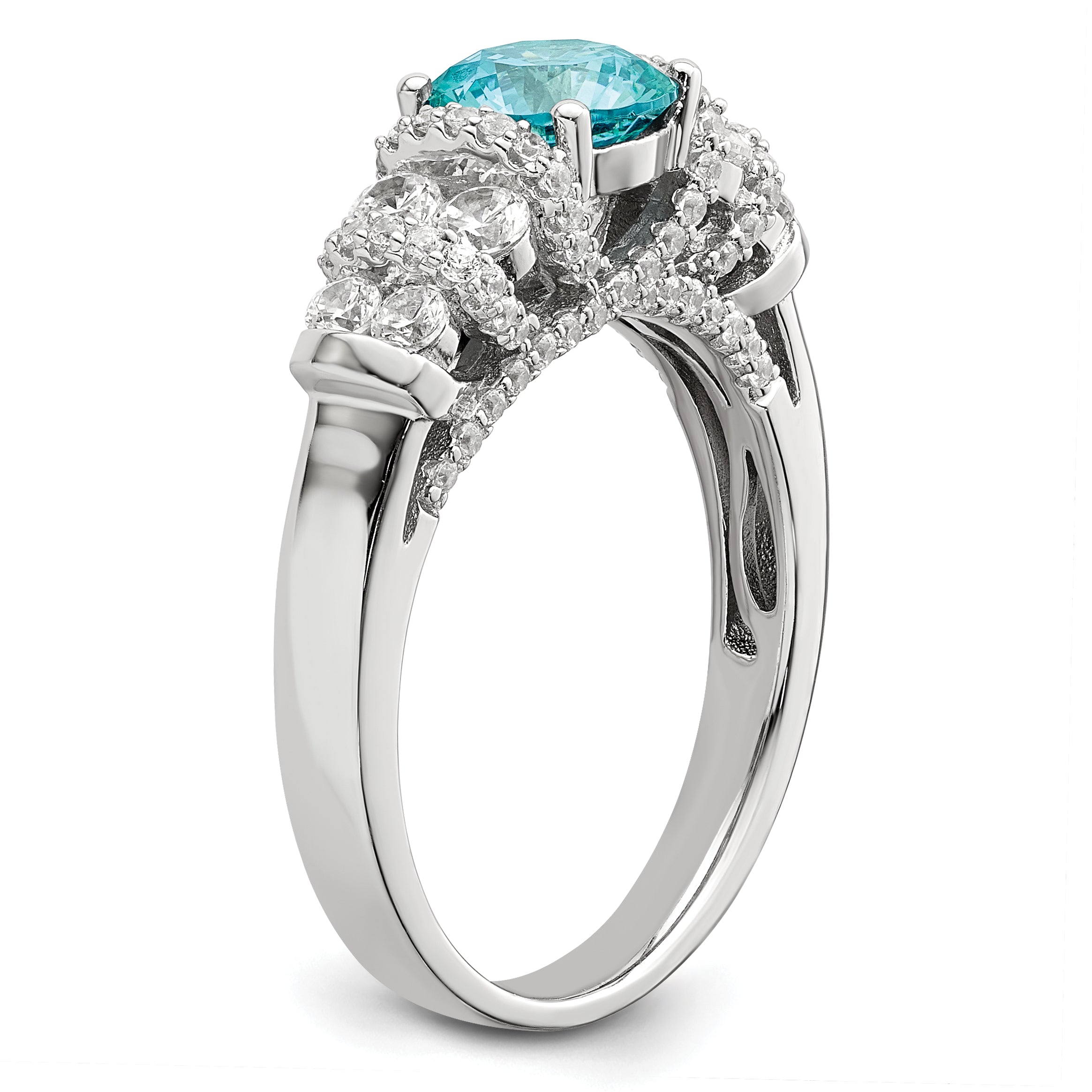 Sterling Silver Rhodium plated Blue Crystal & CZ Ring