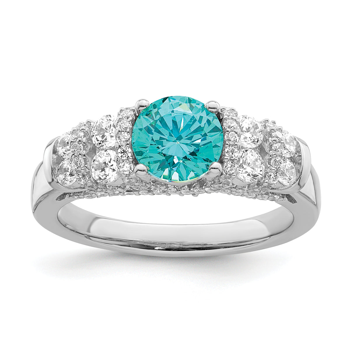 Sterling Silver Rhodium plated Blue Crystal & CZ Ring