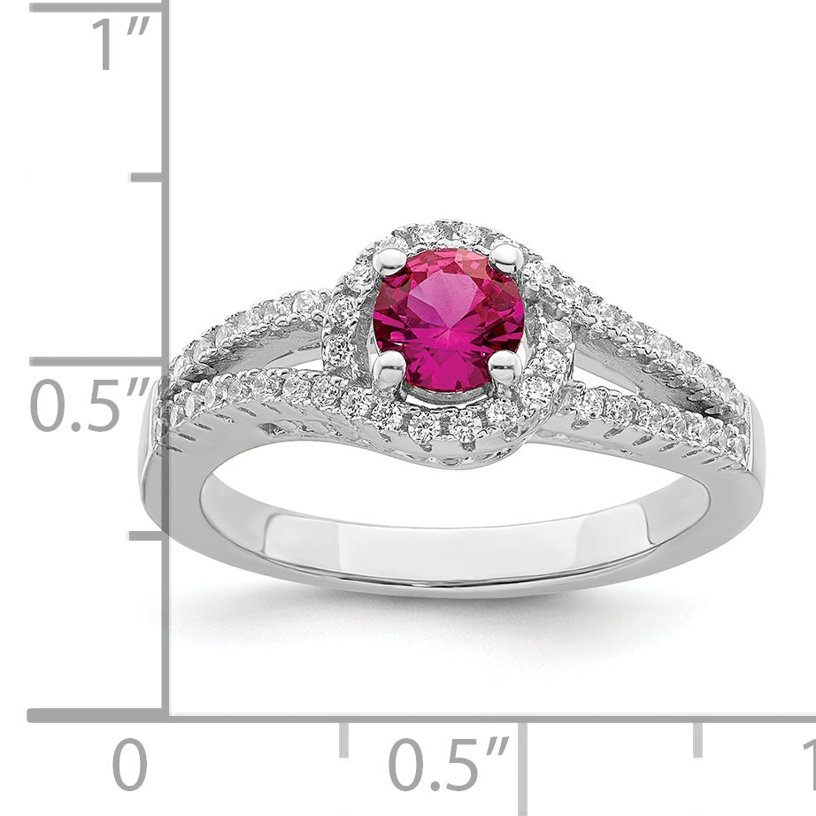 Sterling Silver Rhodium-Plated plated Created Red Corundum & White Cubic Zirconi Ring