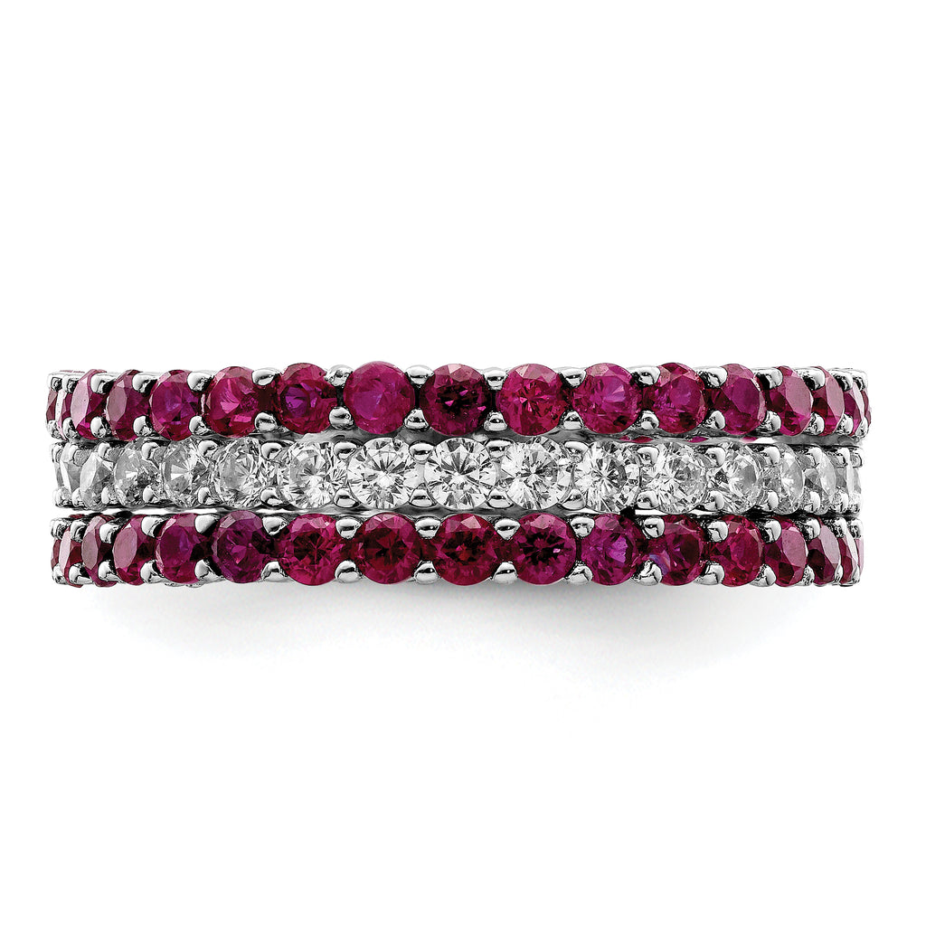 Sterling Silver Rhodium-plated Polished Pink & White CZ 3 Ring Set