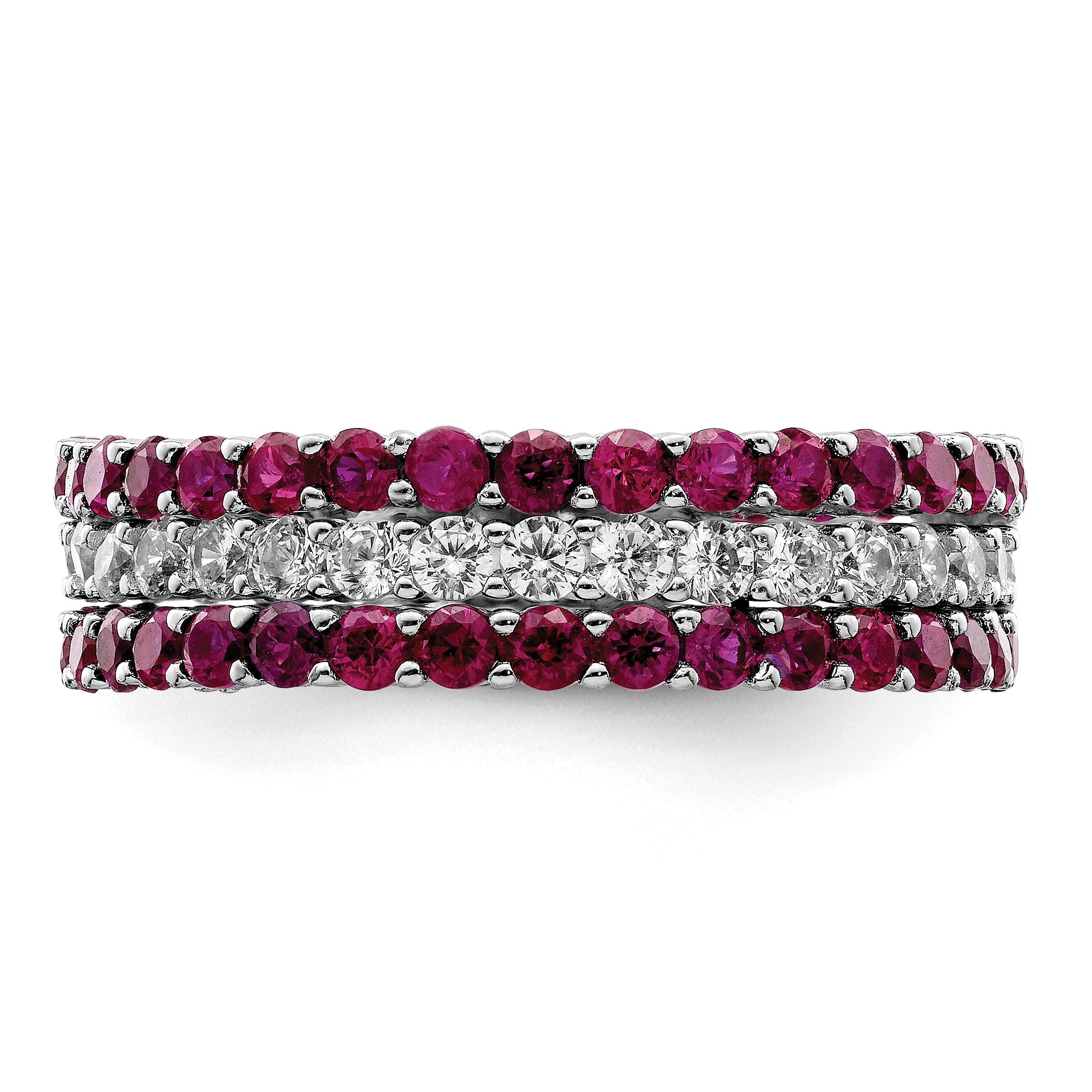 Sterling Silver Rhodium-plated Polished Pink & White CZ 3 Ring Set