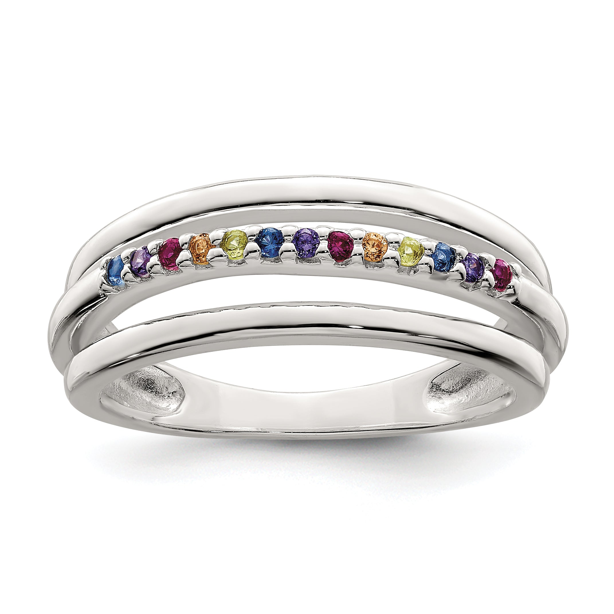 Sterling Silver Polished Rainbow CZ 3-Band Ring Main image