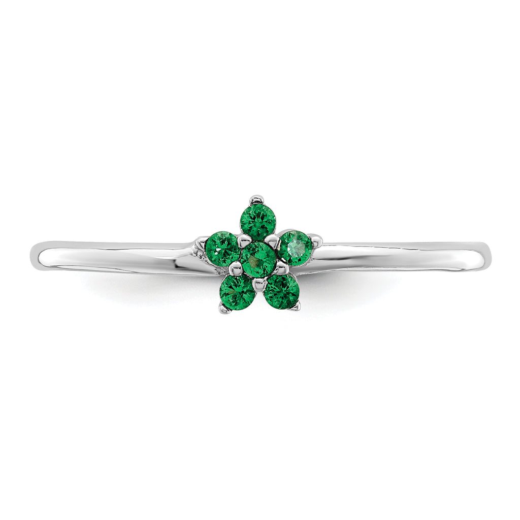 Sterling Silver Rhodium-plated Polished Green CZ Flower Ring