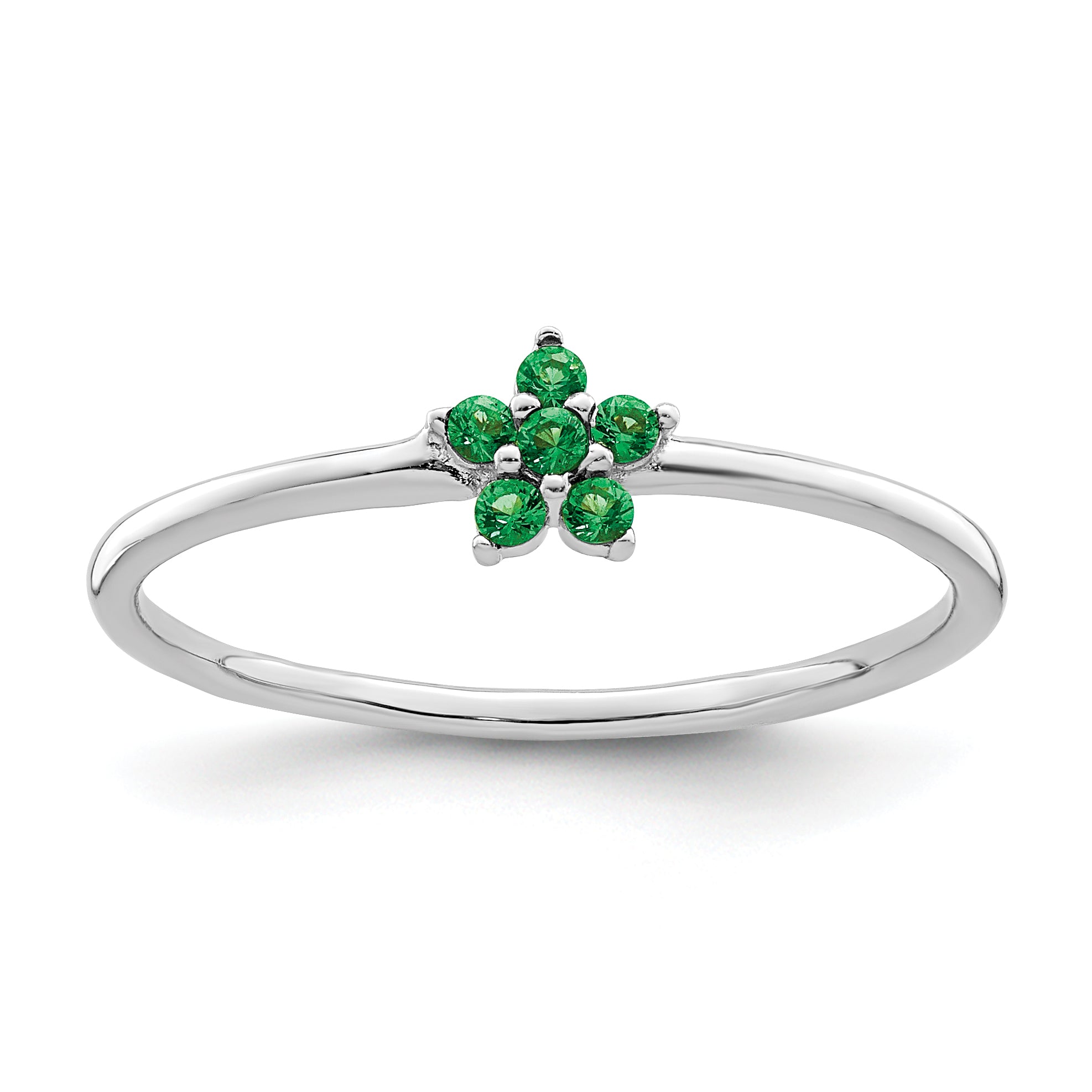 Sterling Silver Rhodium-plated Polished Green CZ Flower Ring Main image
