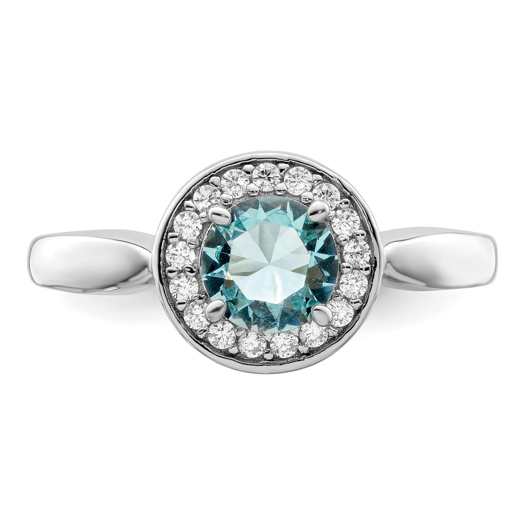 Sterling Silver Rhodium-Plated Cubic Zirconi and Light Blue GlaSterling Silver Stone Ring
