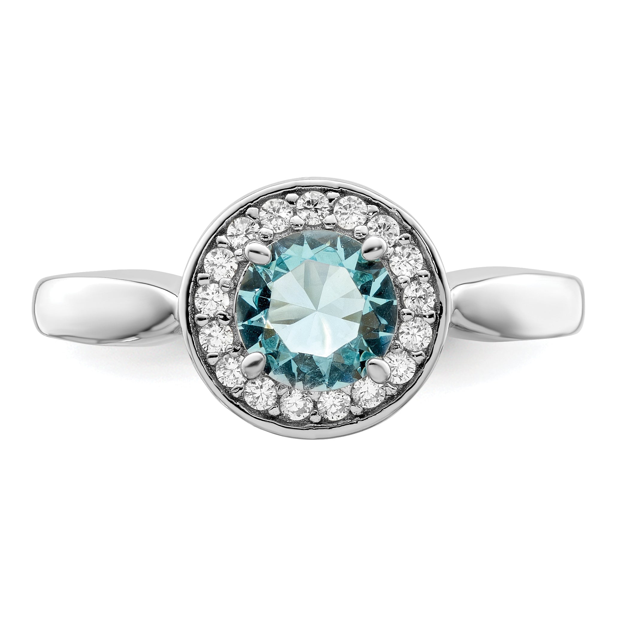 Sterling Silver Rhodium-Plated Cubic Zirconi and Light Blue GlaSterling Silver Stone Ring