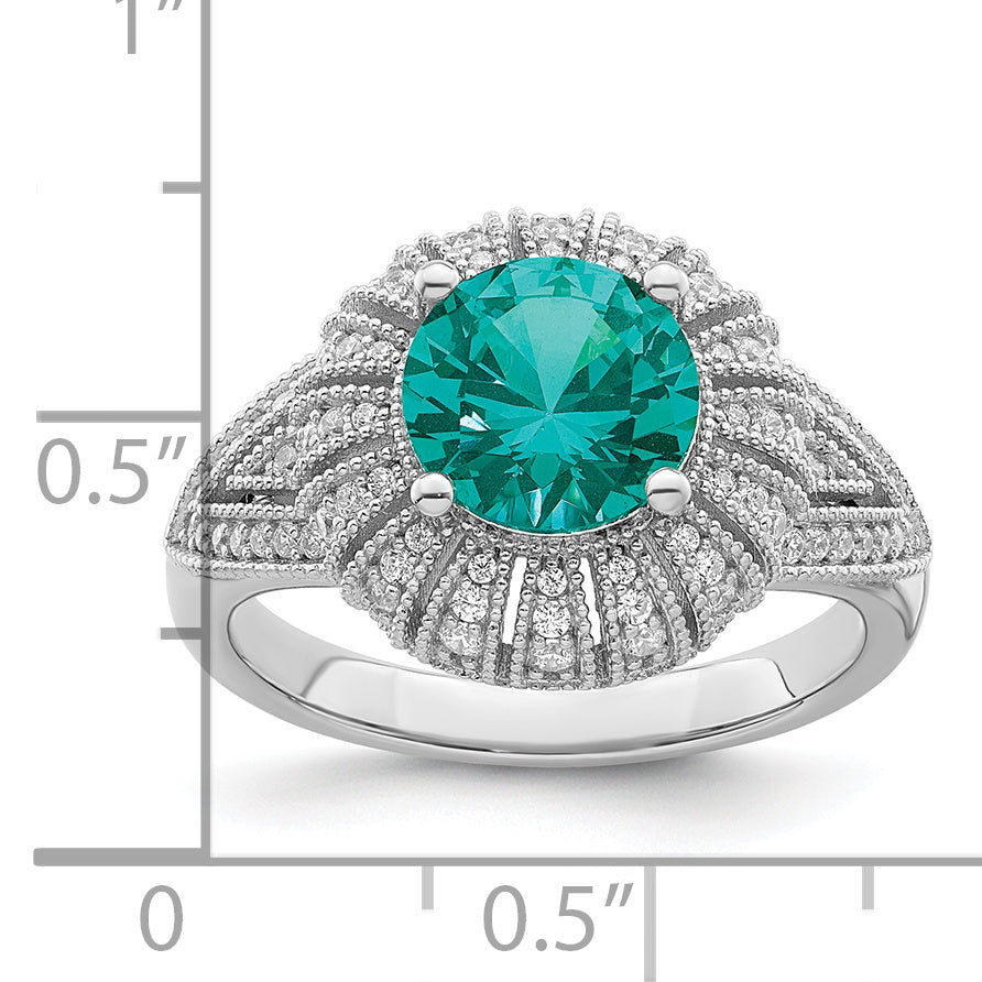 Sterling Silver Rhodium-plated Clear and Teal CZ Vintage Style Ring