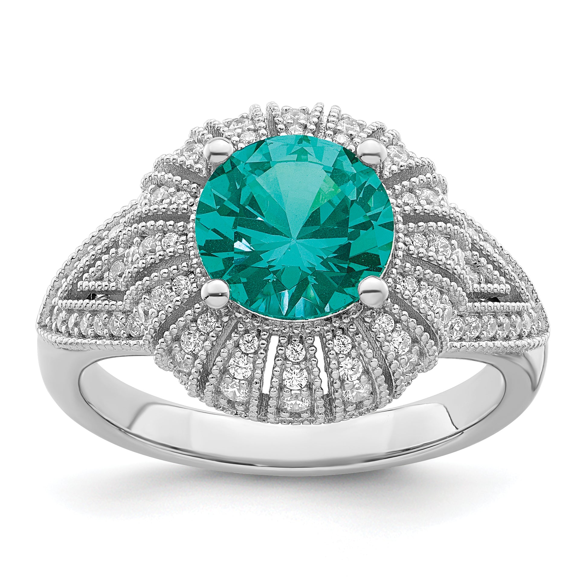 Sterling Silver Rhodium-plated Clear and Teal CZ Vintage Style Ring Main image