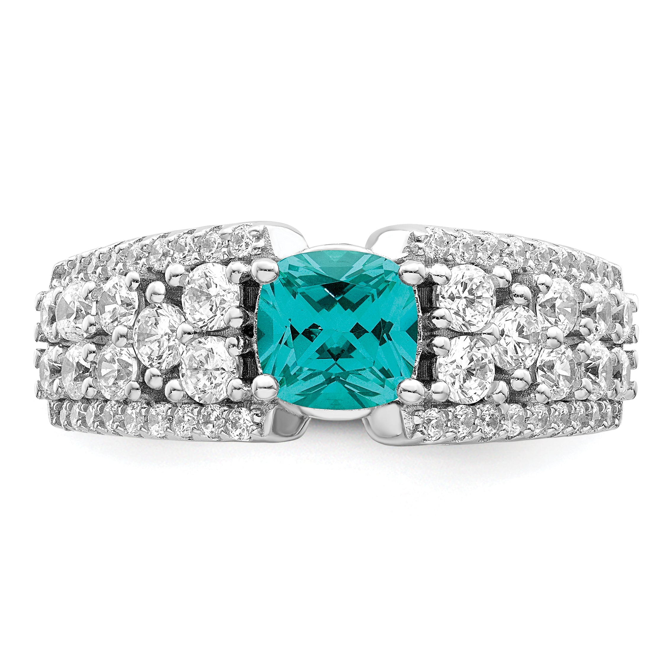 Sterling Silver Rhodium plated White and Teal CZ Ring