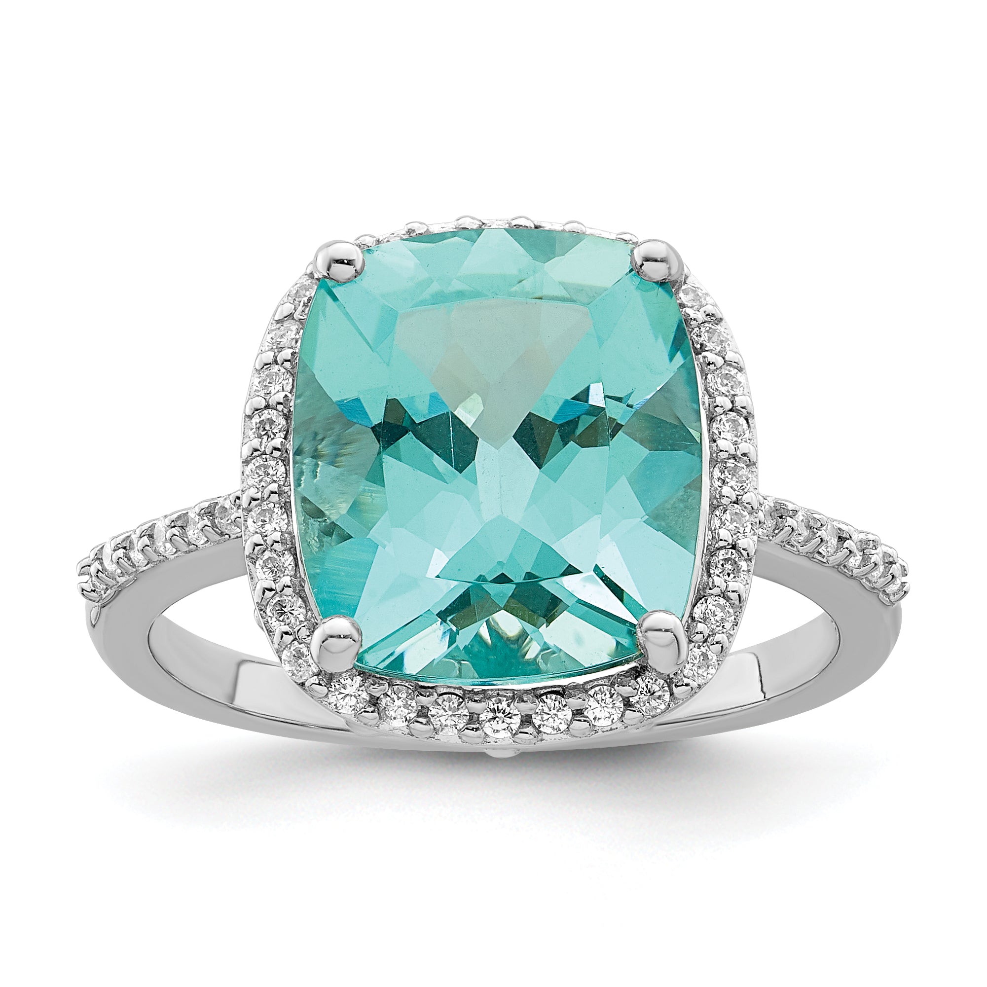 Sterling Silver Rhodium-plated Light Blue Crystal CZ Halo Ring Main image