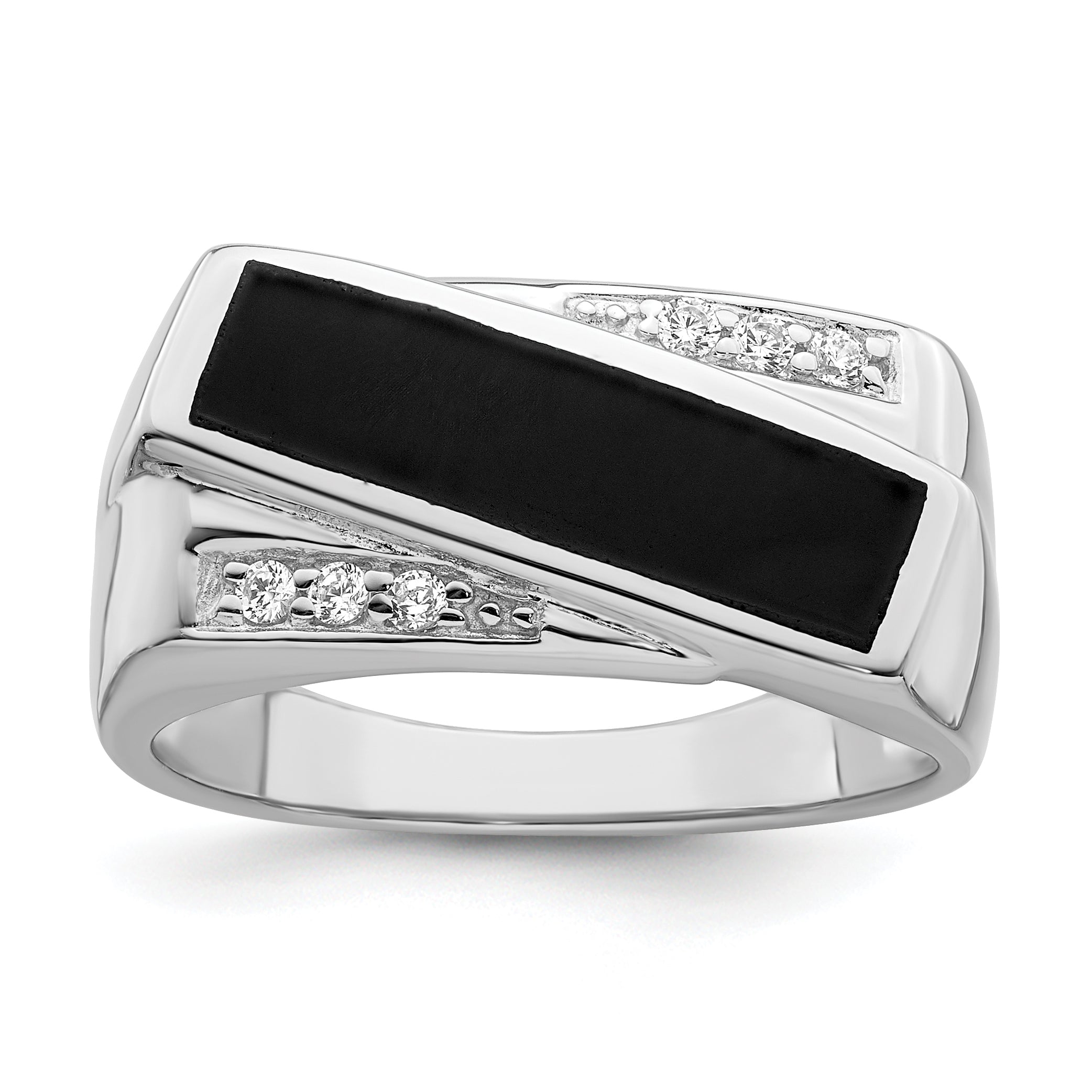 Sterling Silver Rhodium-plated CZ & Onyx Ring Main image