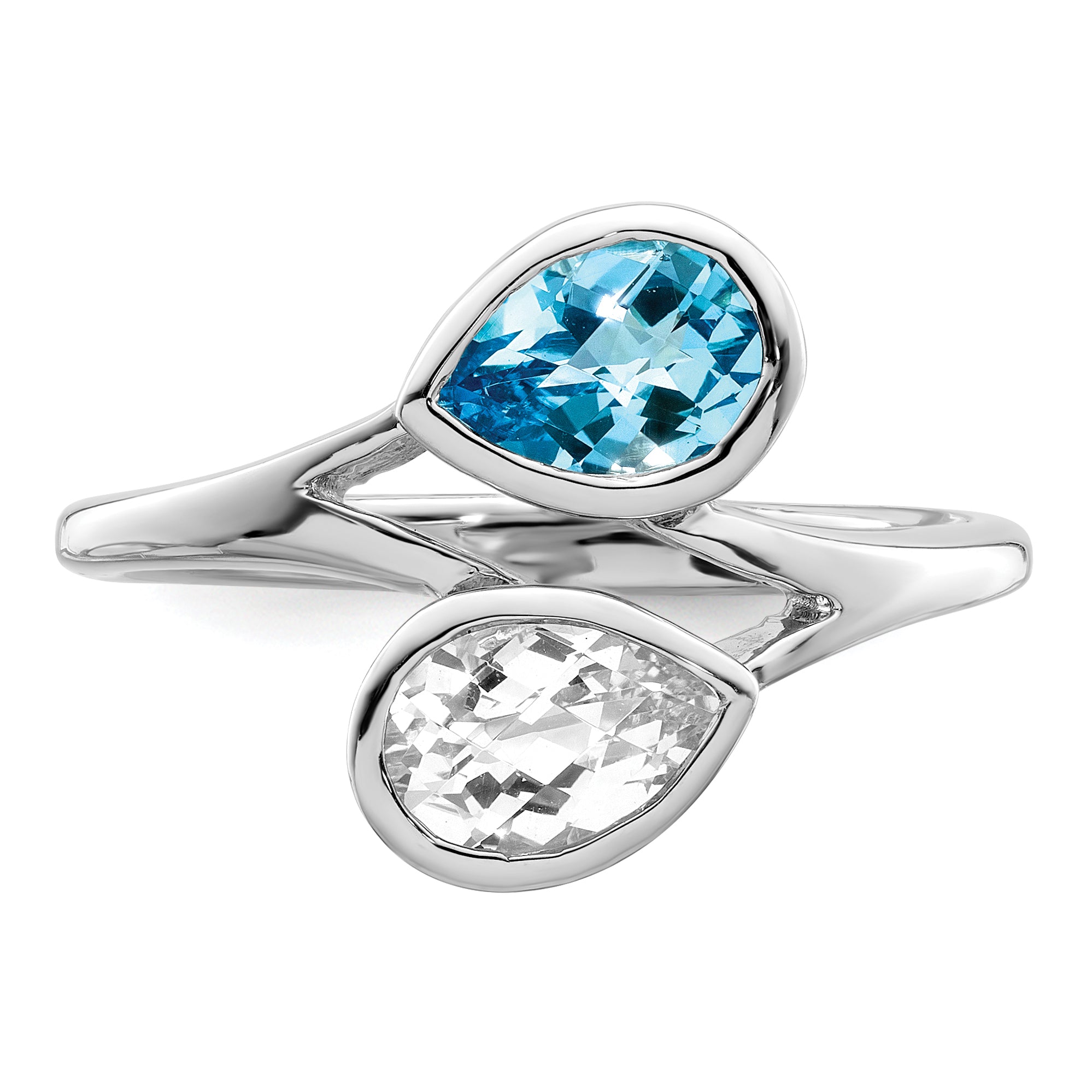 Sterling Silver Rhodium-plated Polished Blue & White Topaz ByPass Ring