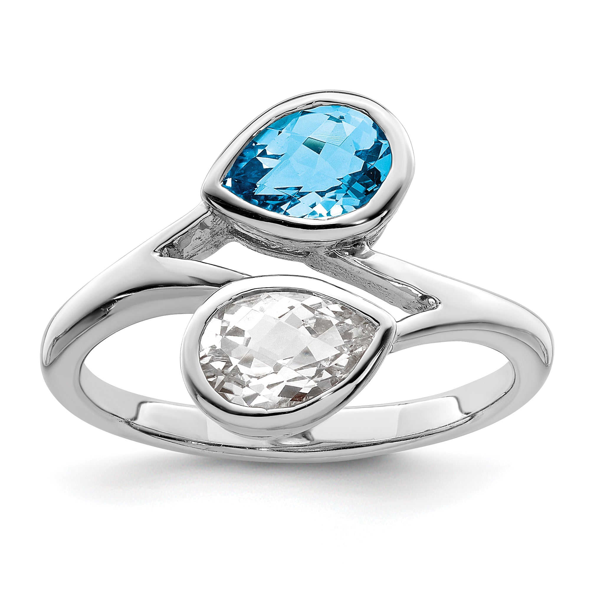 Sterling Silver Rhodium-plated Polished Blue & White Topaz ByPass Ring Main image