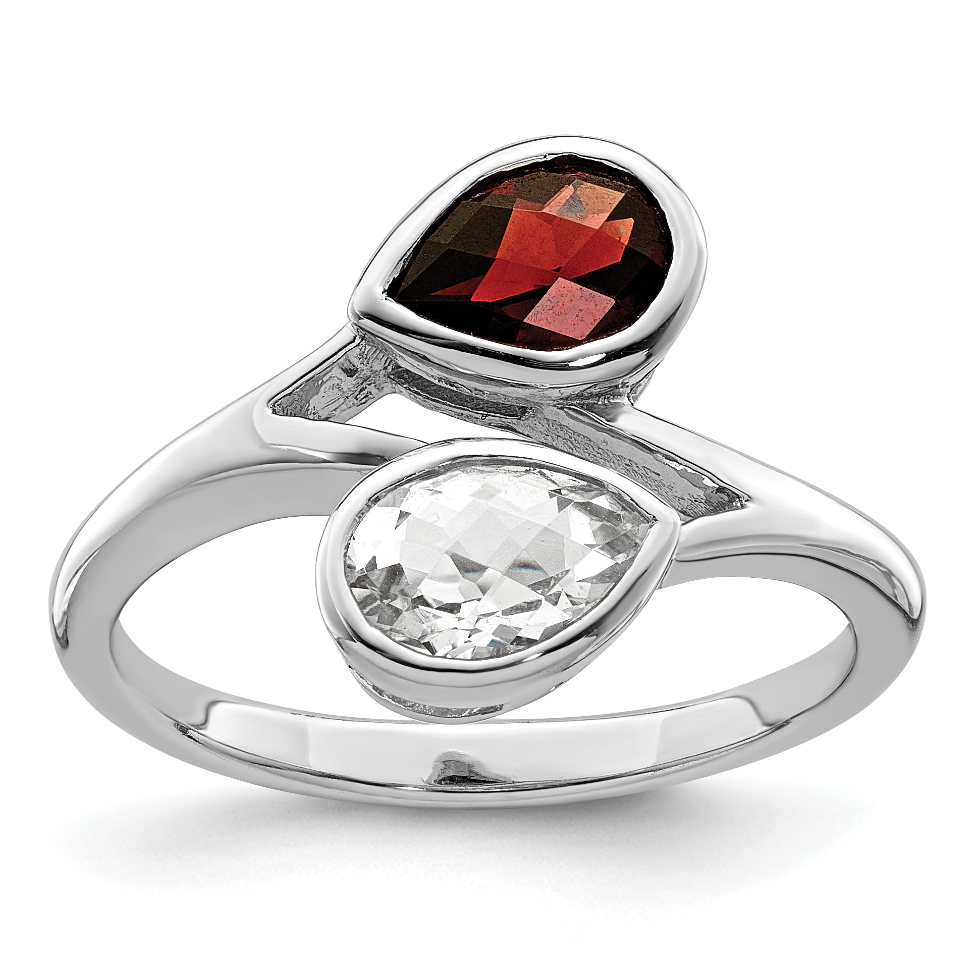 Sterling Silver Rhodium-plated Polished Garnet & White Topaz ByPass Ring Main image