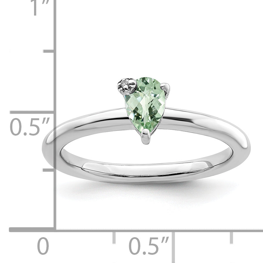 Sterling Silver Rhodium-plated Pear Green Quartz & White Topaz Ring
