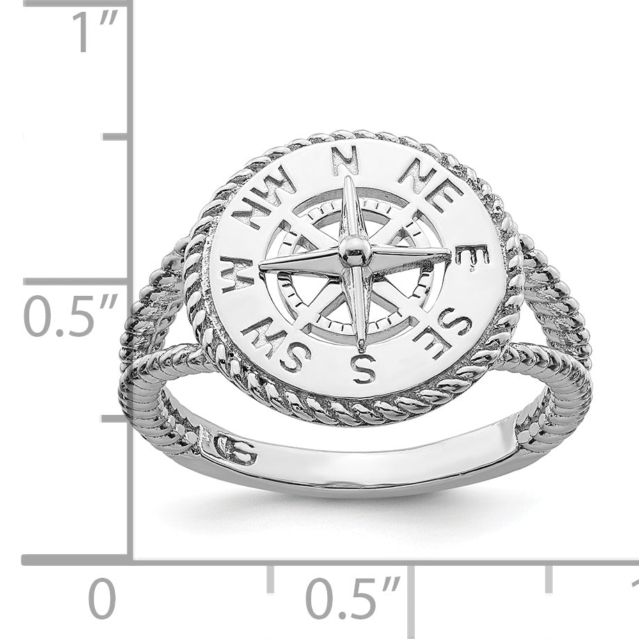De-Ani Sterling Silver Rhodium-Plated Polished Compass with Rope Trim Ring Secondary image