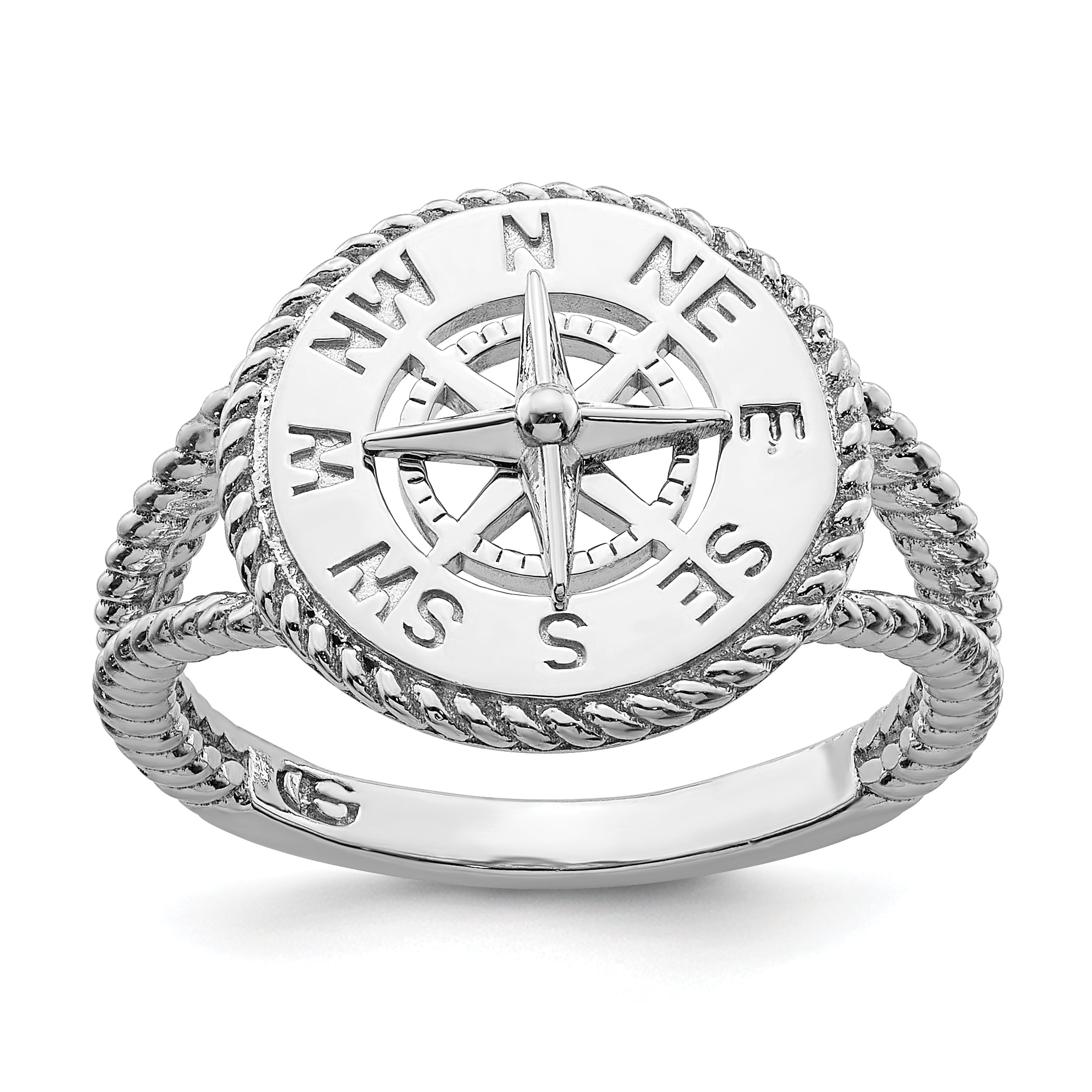 De-Ani Sterling Silver Rhodium-Plated Polished Compass with Rope Trim Ring Main image