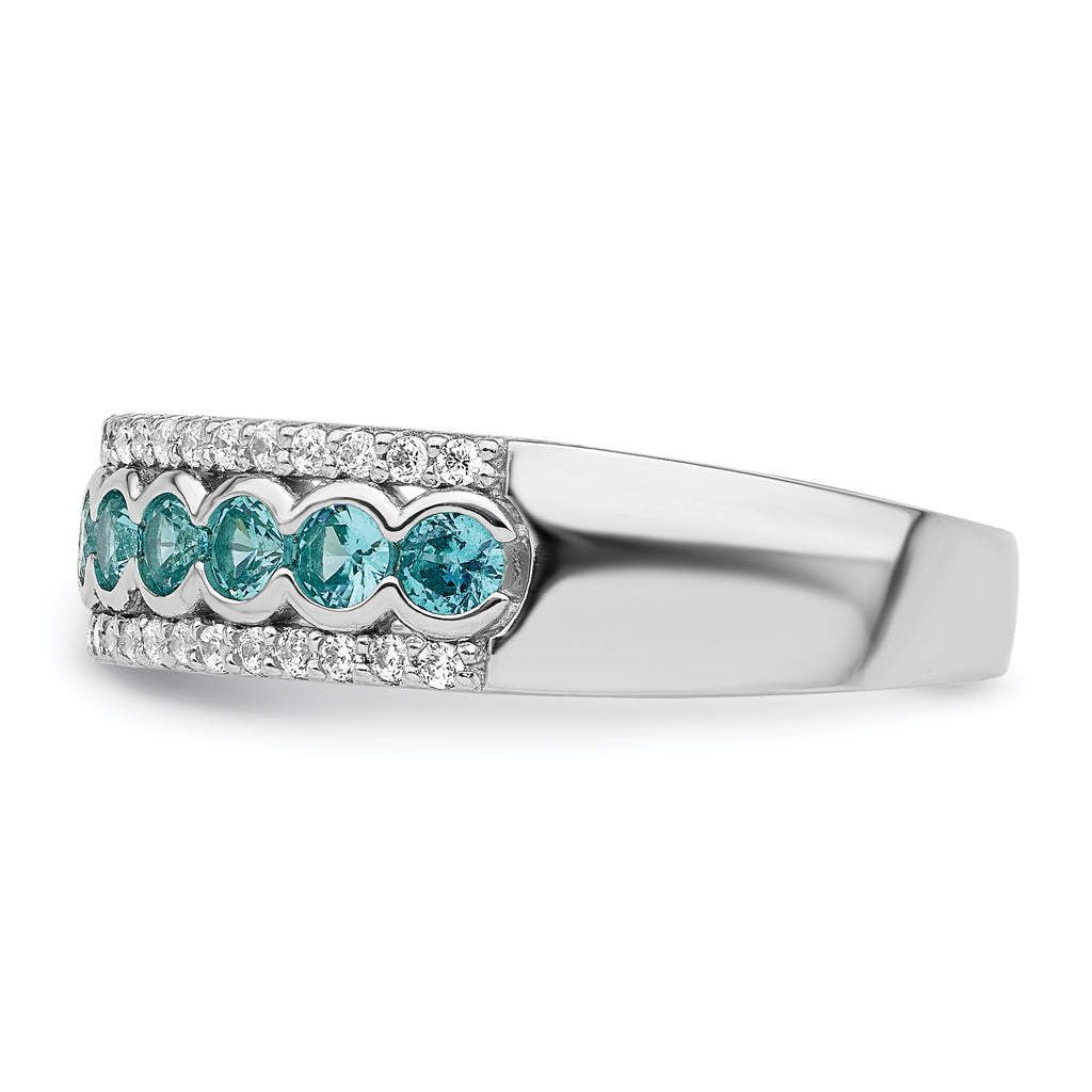 Sterling Silver Rhodium-Plated plated Aqua & White Cubic Zirconi Band